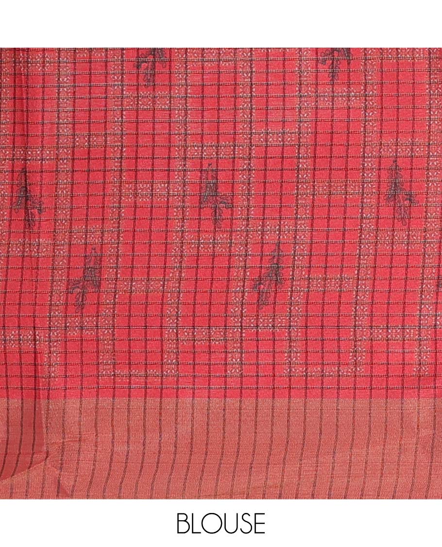 Pothys Multi-color-checked semi-banaras linen saree with human motifs print, striped border - view 2