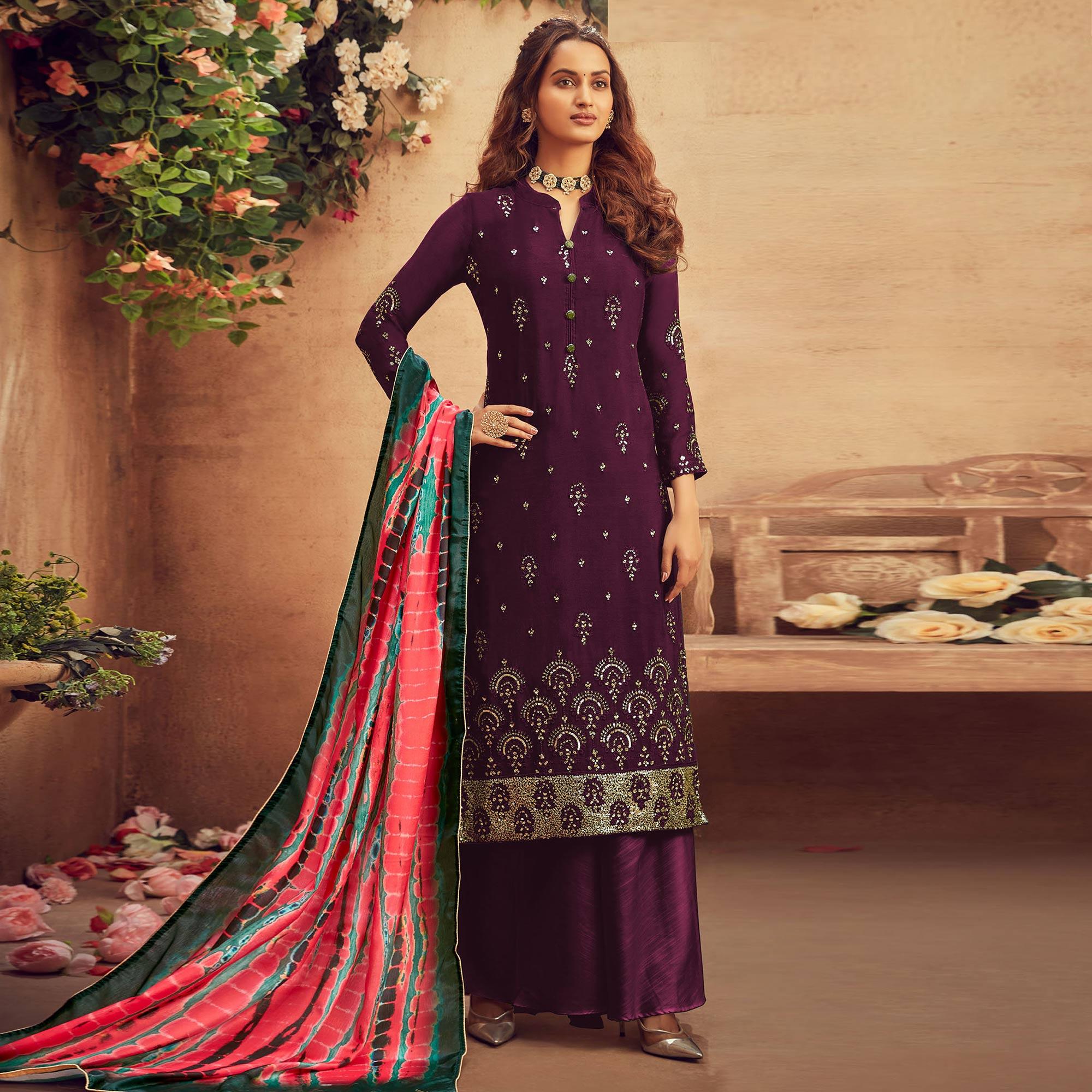 Peachmode Jazzy Purple Colored Embroidered Designer Partywear Heavy Faux Georgette Suit