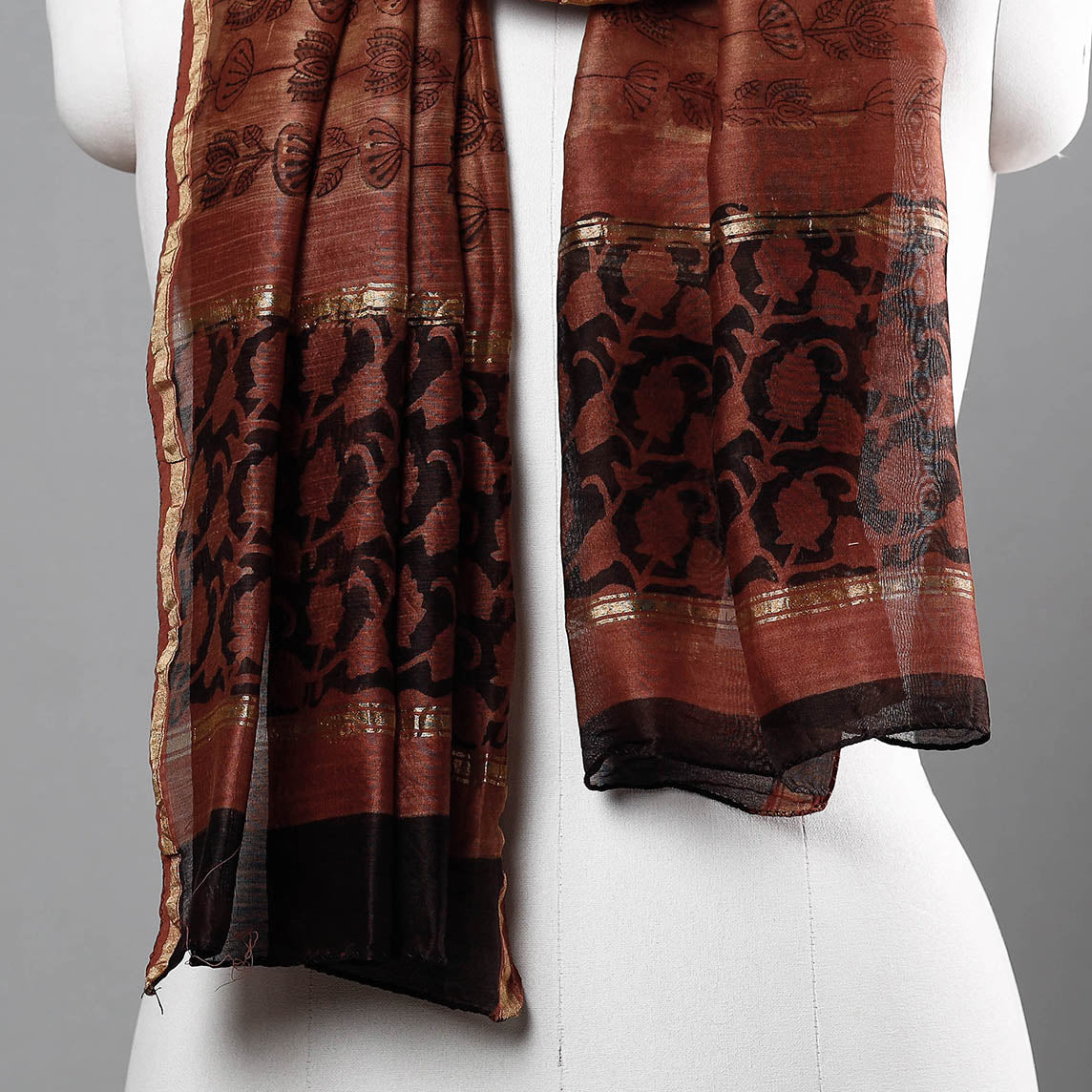 BAGRU DABU PRINTS Brown - Bagru Block Printed Chanderi Silk Handloom Stole with Zari Border - view 2