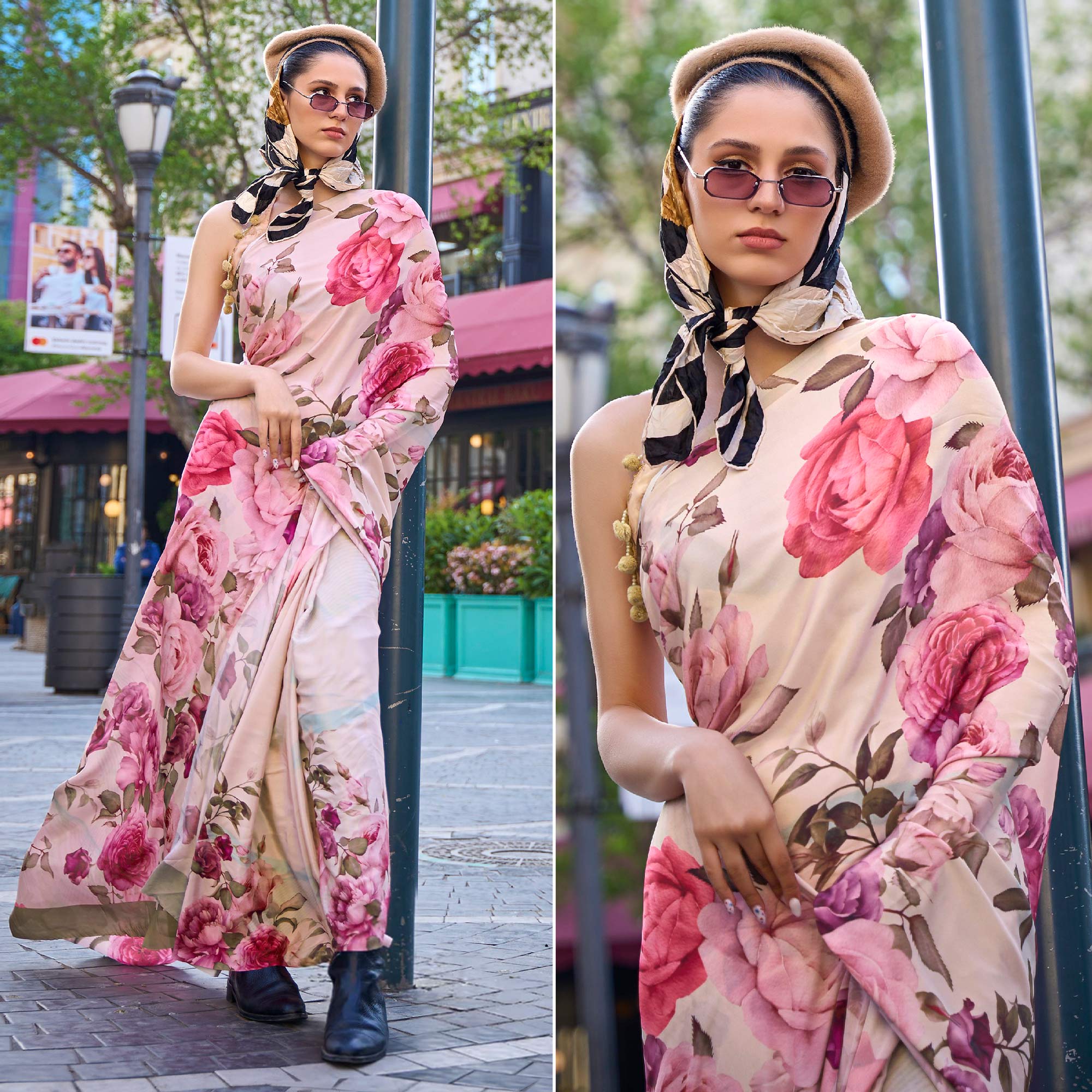 Peachmode Light Chikoo Digital Printed Crepe Saree