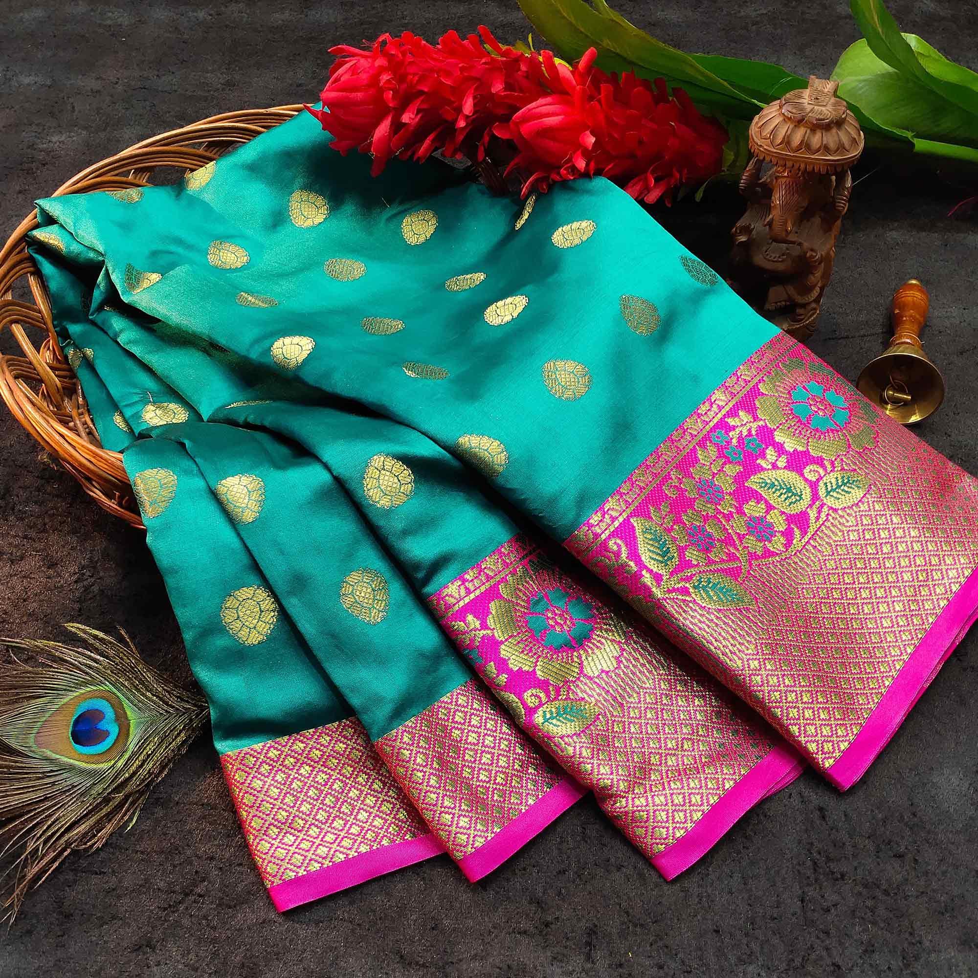 Peachmode Intricate Blue Colored Festive Wear Woven Kanjivaram Silk Saree