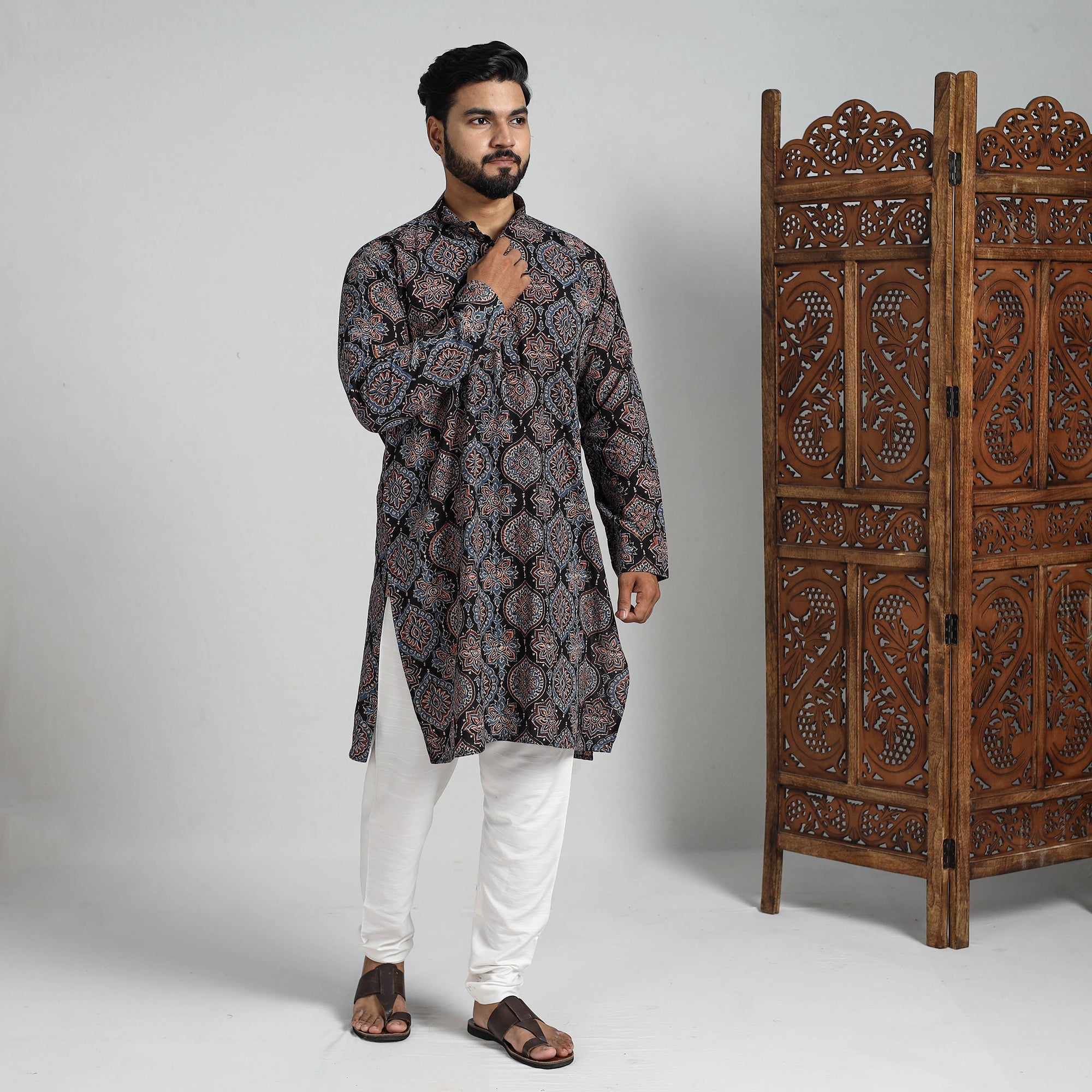 ITOKRI CASUALS Ajrakh Block Printed Cotton Men Long Kurta 16