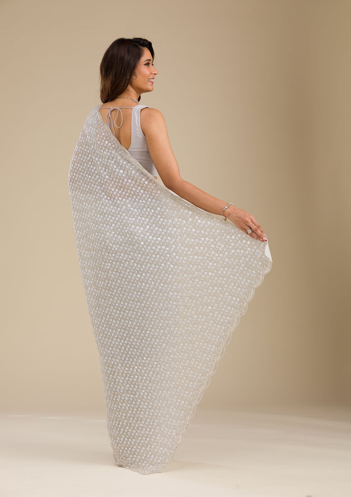 Koskii Light Grey Sequins Georgette Saree – Women's - view 2