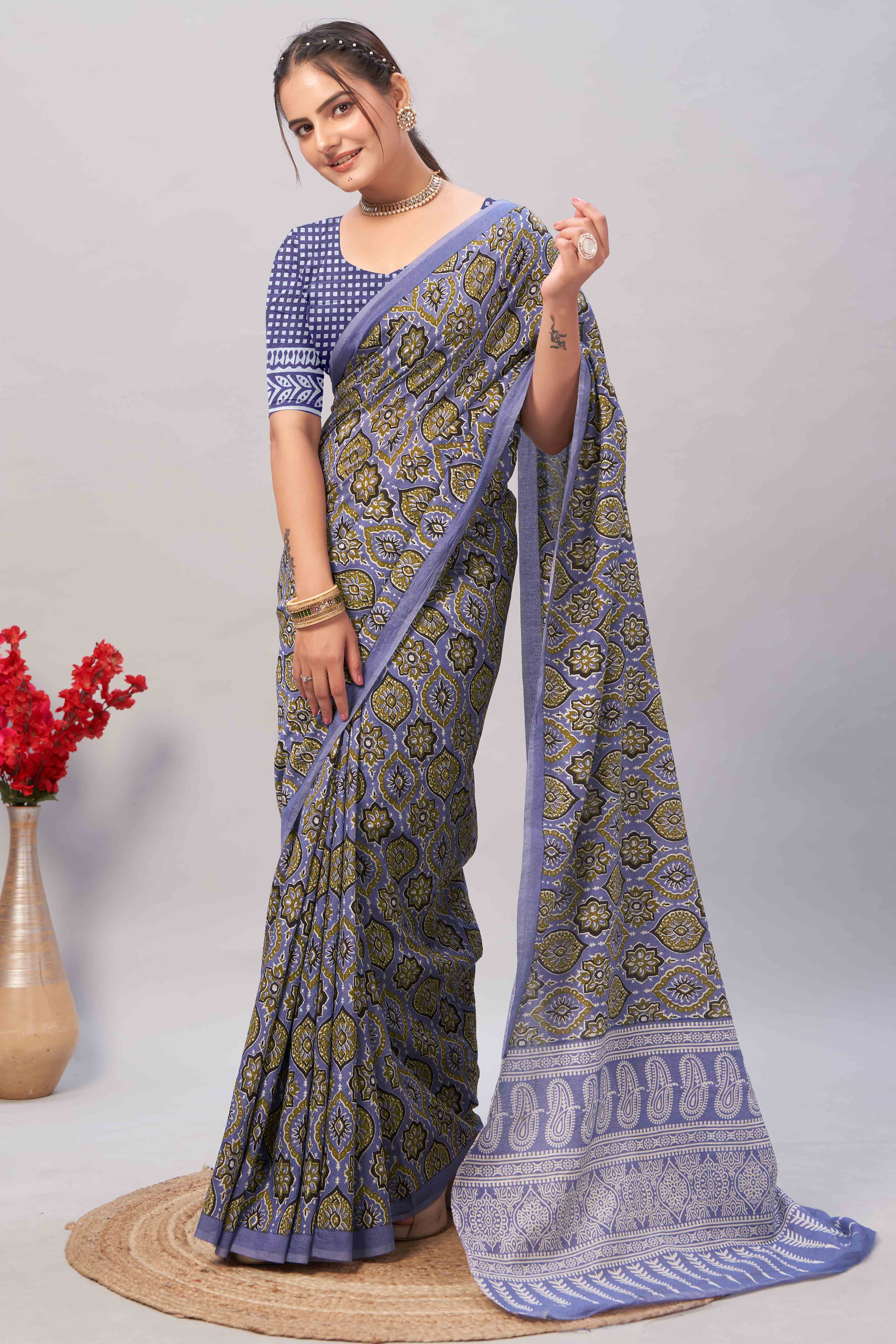 Peachmode Light Lavender Ajrakh Printed Cotton Blend Saree