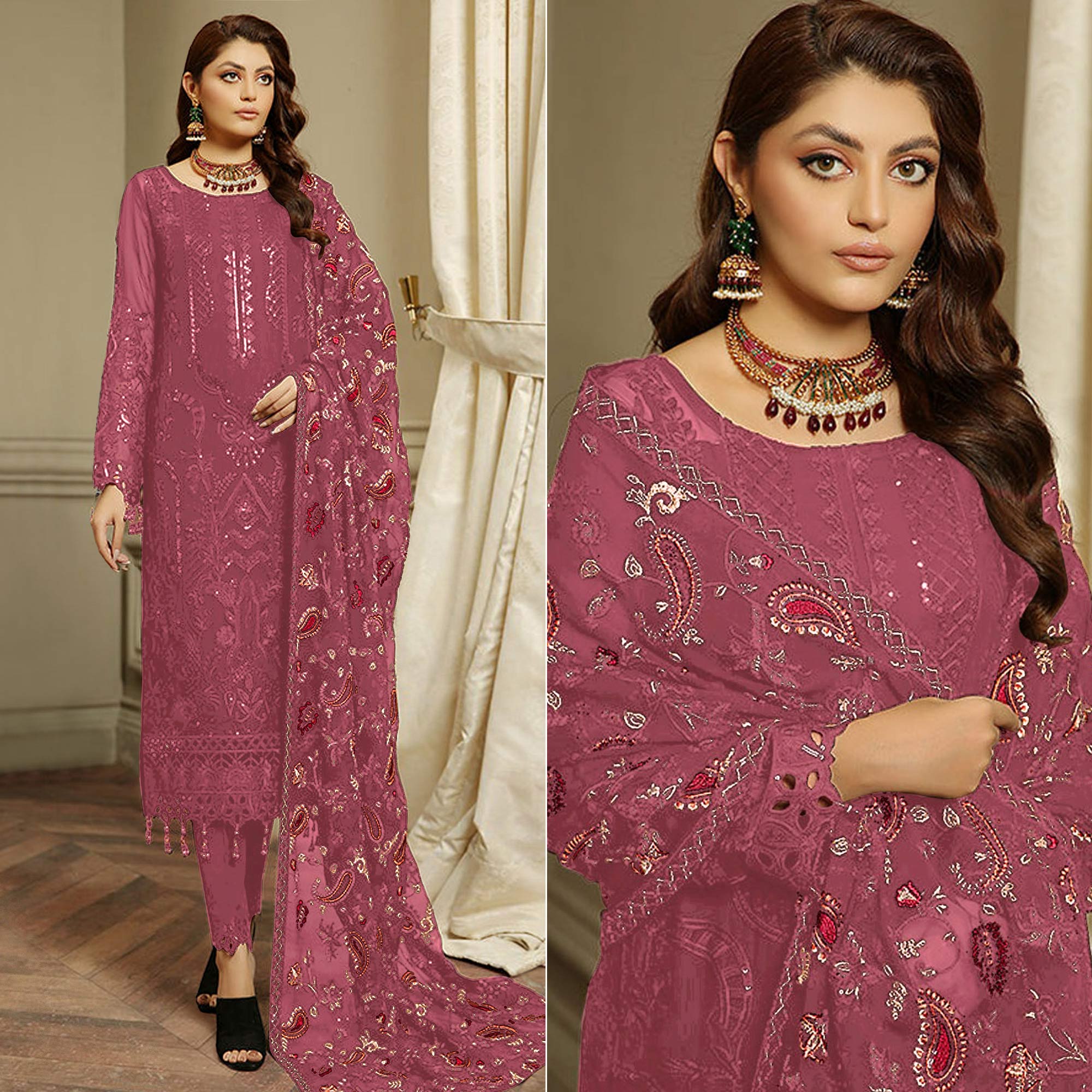 Peachmode Mauve Embroidered Georgette Semi Stitched Pakistani Suit