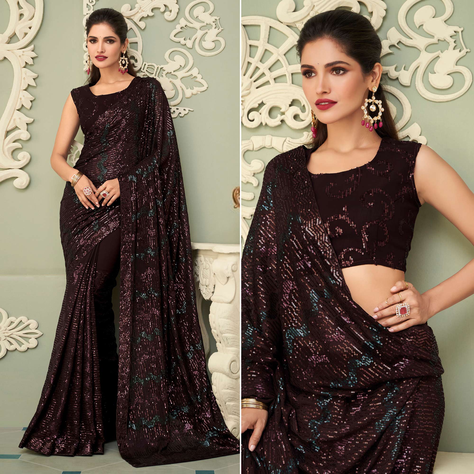 Peachmode Dark Brown Sequins Embroidered Georgette Saree