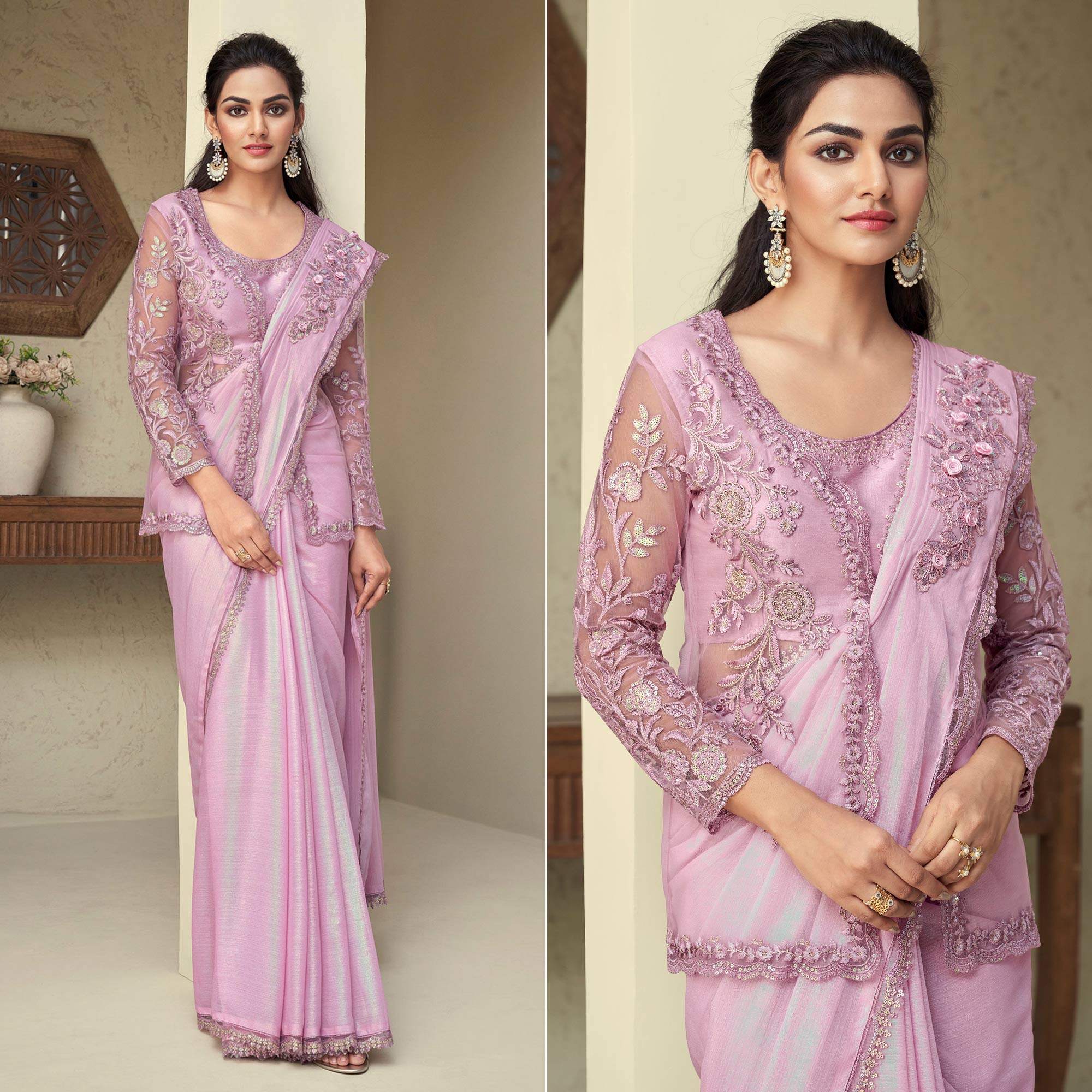 Peachmode Light Pink Sequins Embroidered Georgette Saree