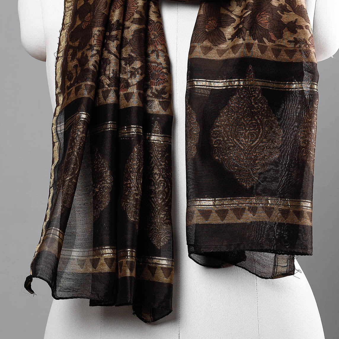 BAGRU DABU PRINTS Brown - Bagru Block Printed Chanderi Silk Handloom Stole with Zari Border - view 2