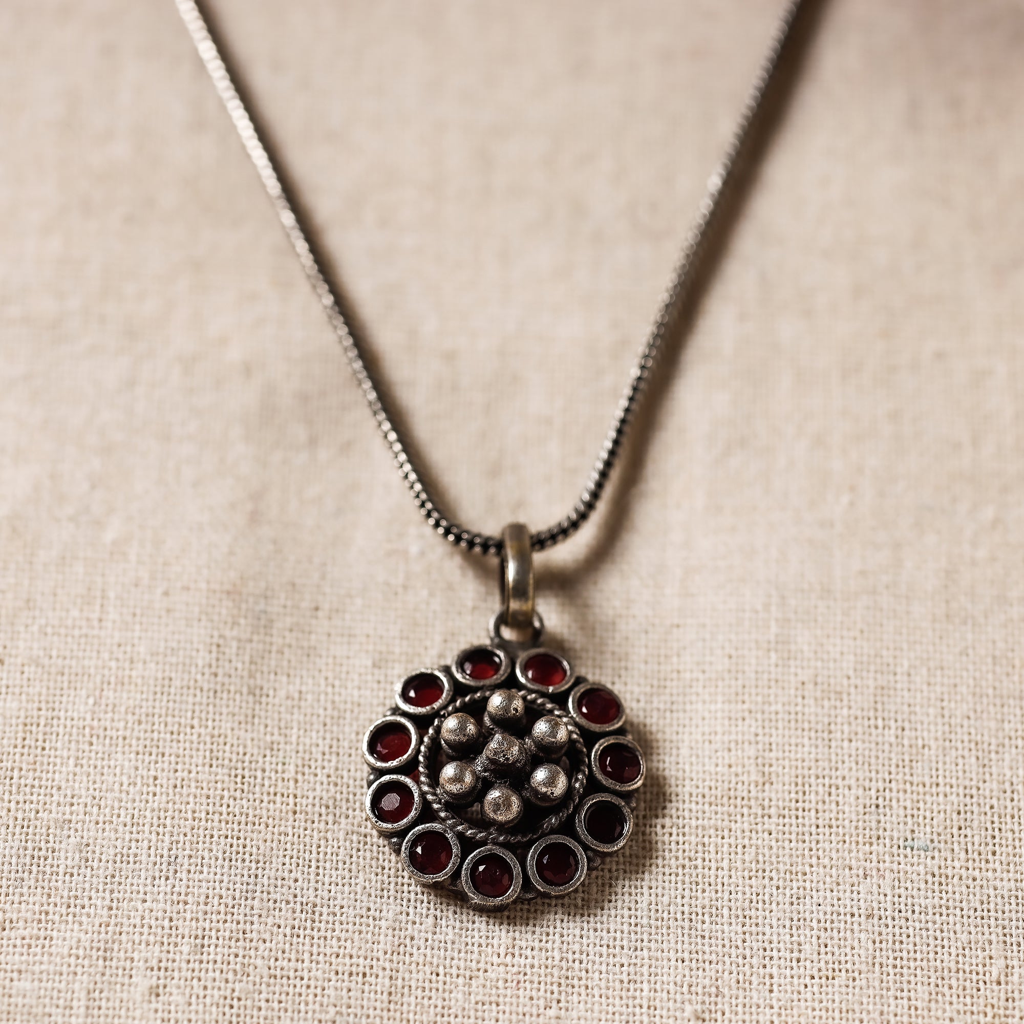 WHITE RIVER STORIES Antique Silver Finish Oxidised Brass Base Stone Work Necklace Set with Ring - view 3
