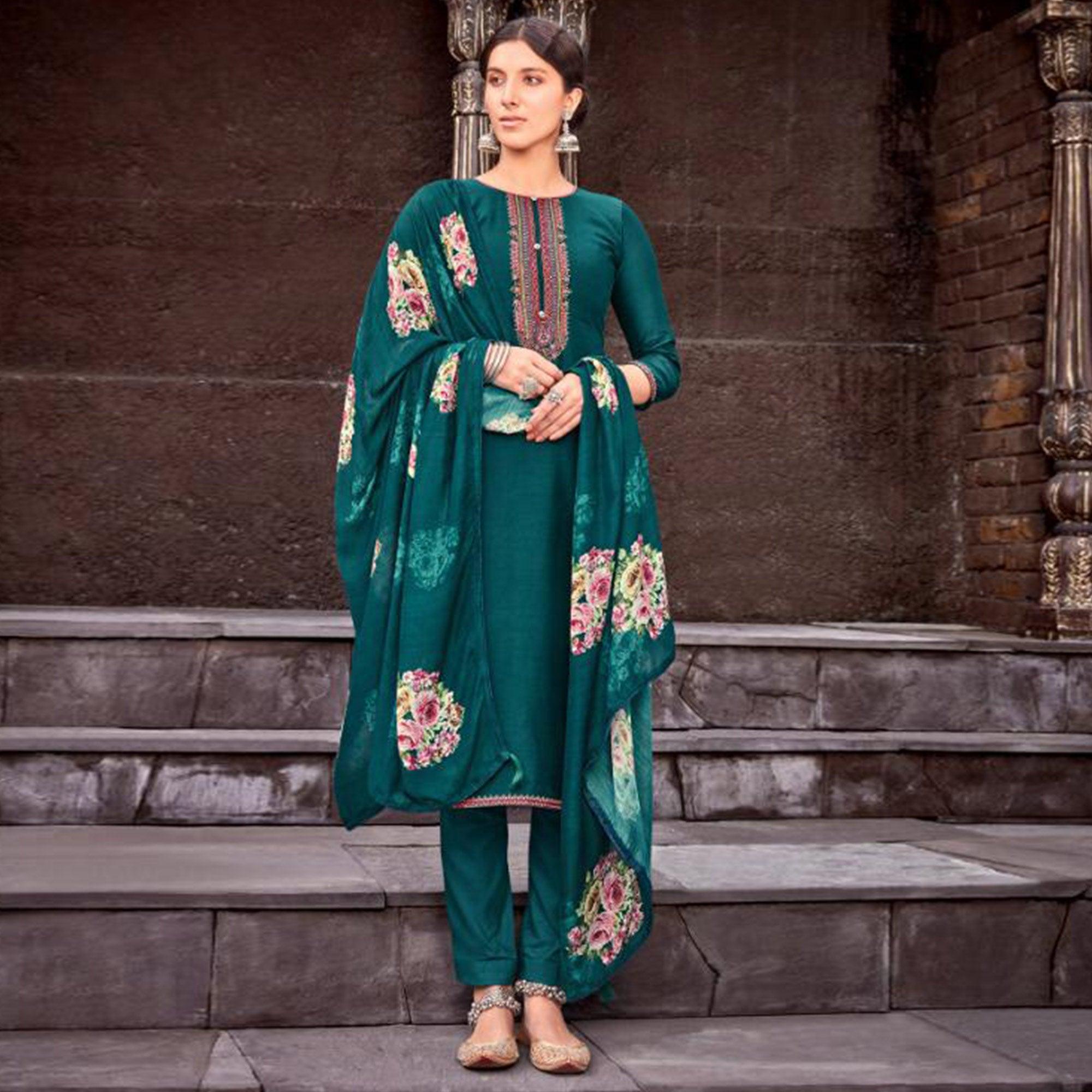 Peachmode Lovely Peacock Blue Colored Partywear Printed Viscose Muslin Suit