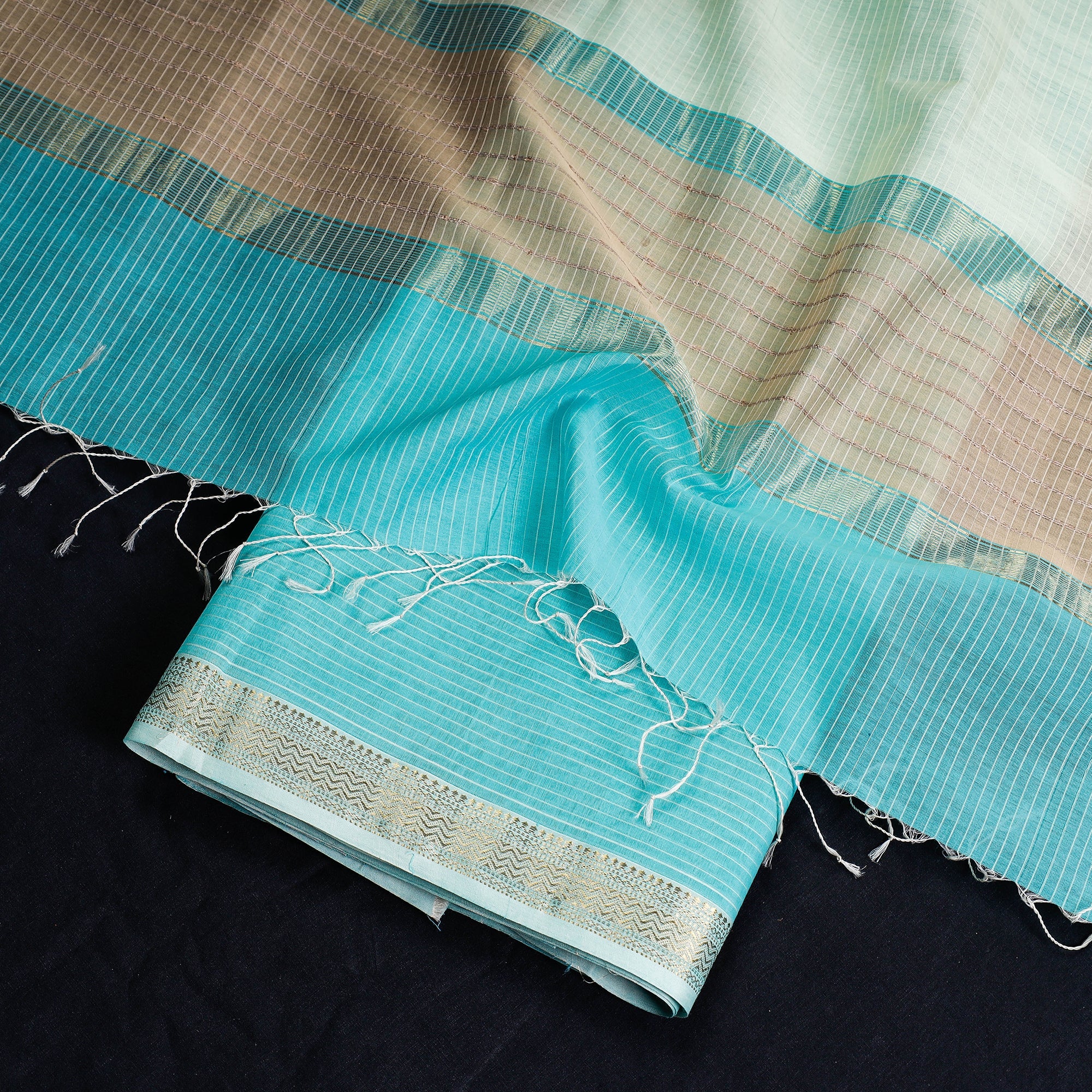 ITOKRI CRAFTS INITIATIVE Blue - 2pc Maheshwari Silk Cotton Handloom Stripe Suit Material Set with Zari Border - view 2