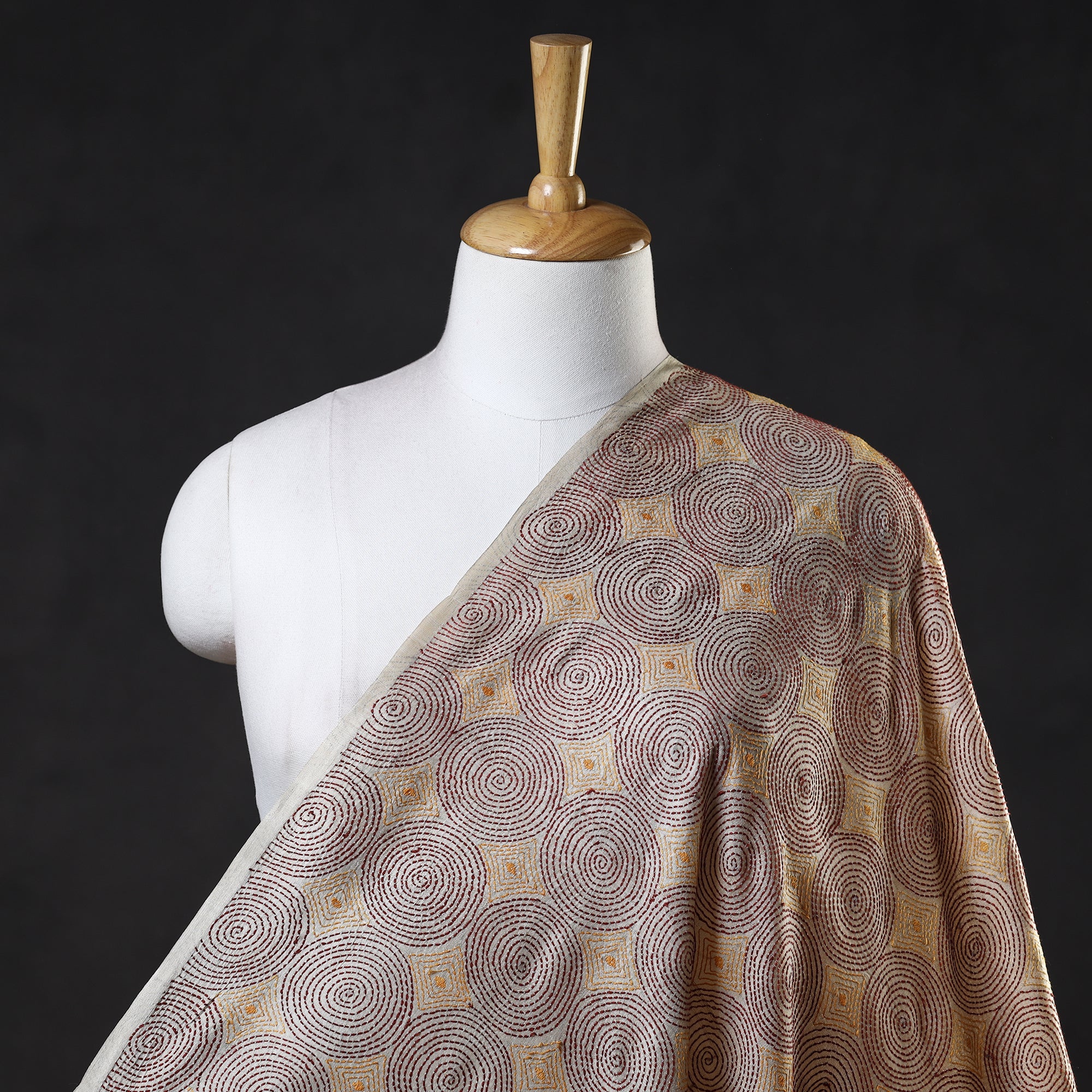 KHUSHBASH - HAPPY LOOM OF EAST Beige - Bengal Kantha Work Pure Tussar Silk Handloom Fabric