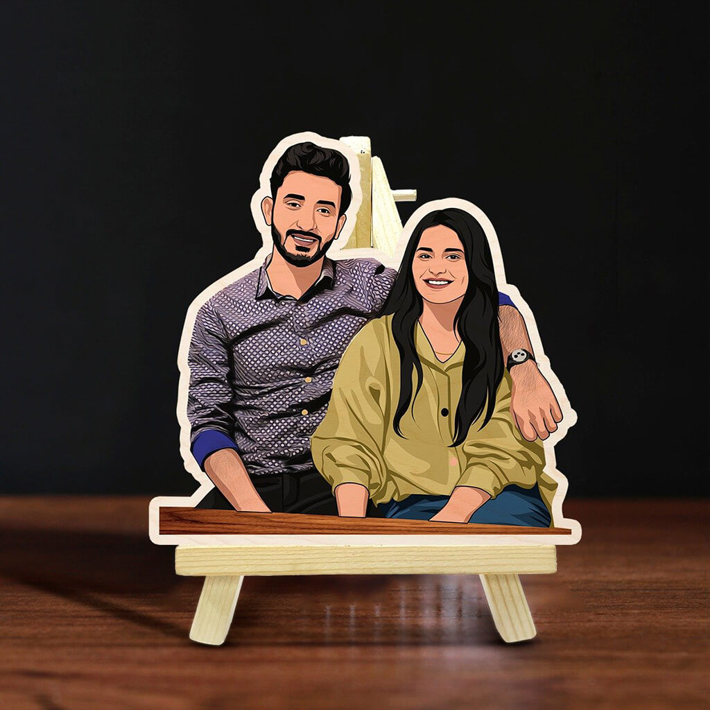 Chitra Chaya Personalized Caricature Wooden Print With Easel | COD Not Available