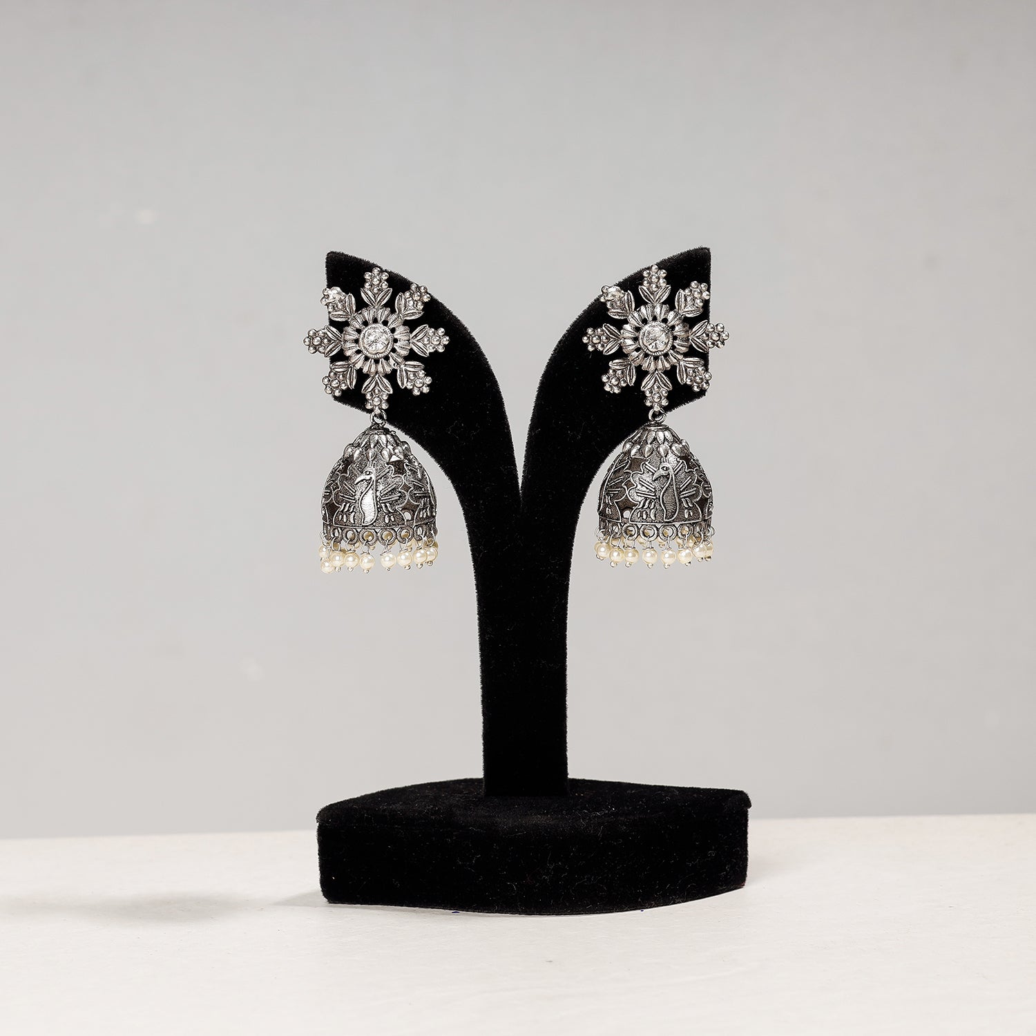 WHITE RIVER STORIES Antique Silver Finish Oxidised Brass Base Jhumki Earrings