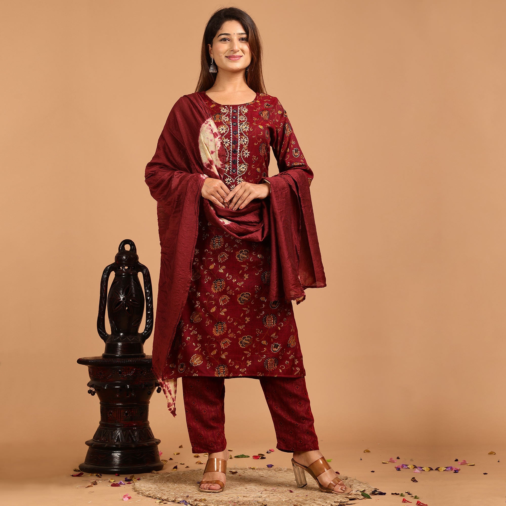 Peachmode Seller Maroon Printed With Embroidered Rayon Salwar Suit - view 2