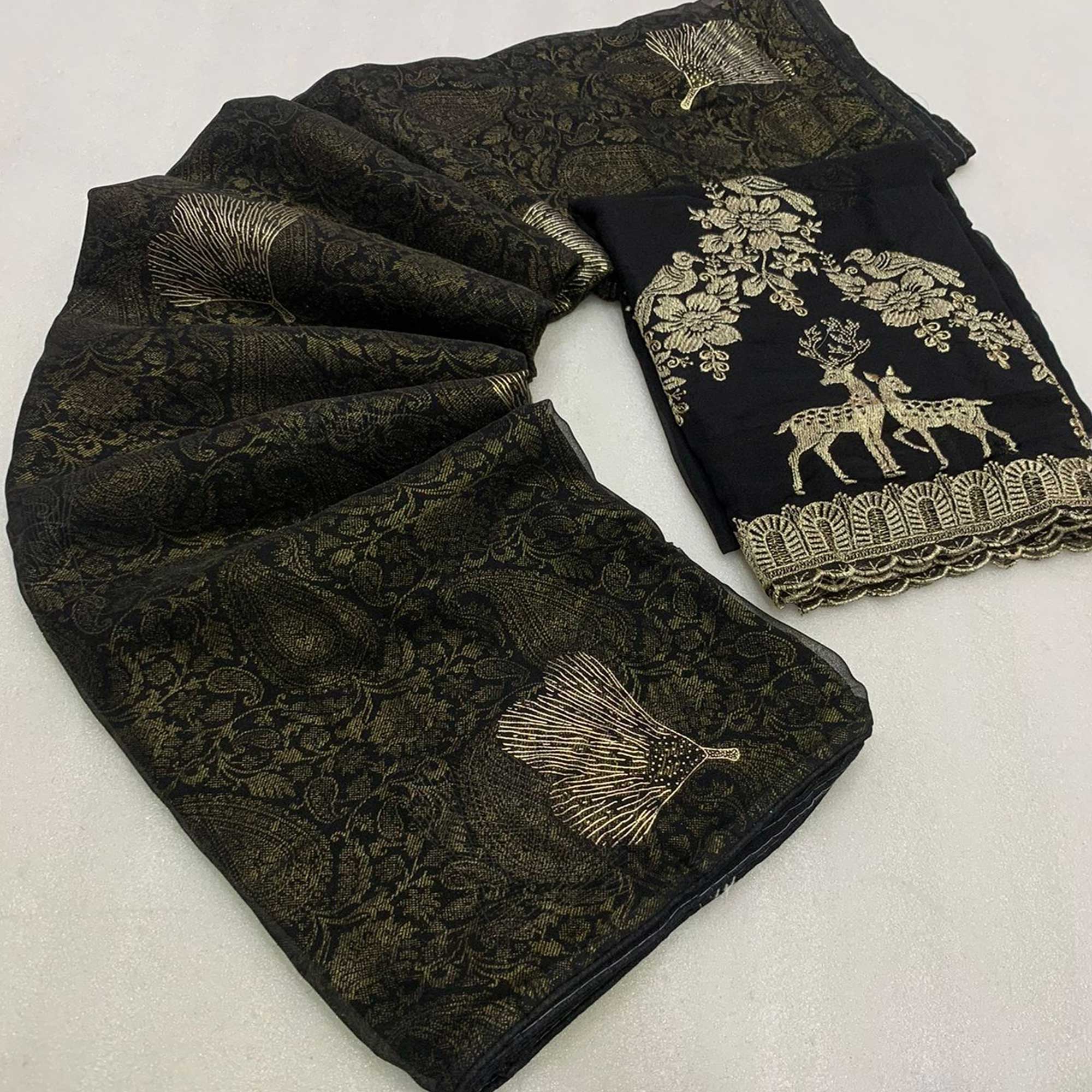 Peachmode Black Foil Printed Georgette Saree – Women's