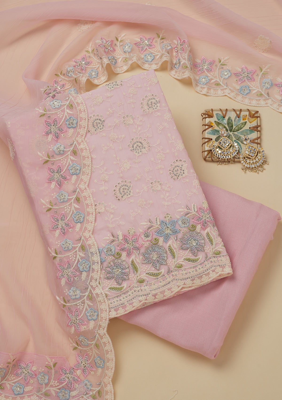 Koskii Baby Pink Threadwork Chiffon Unstitched Salwar Suit