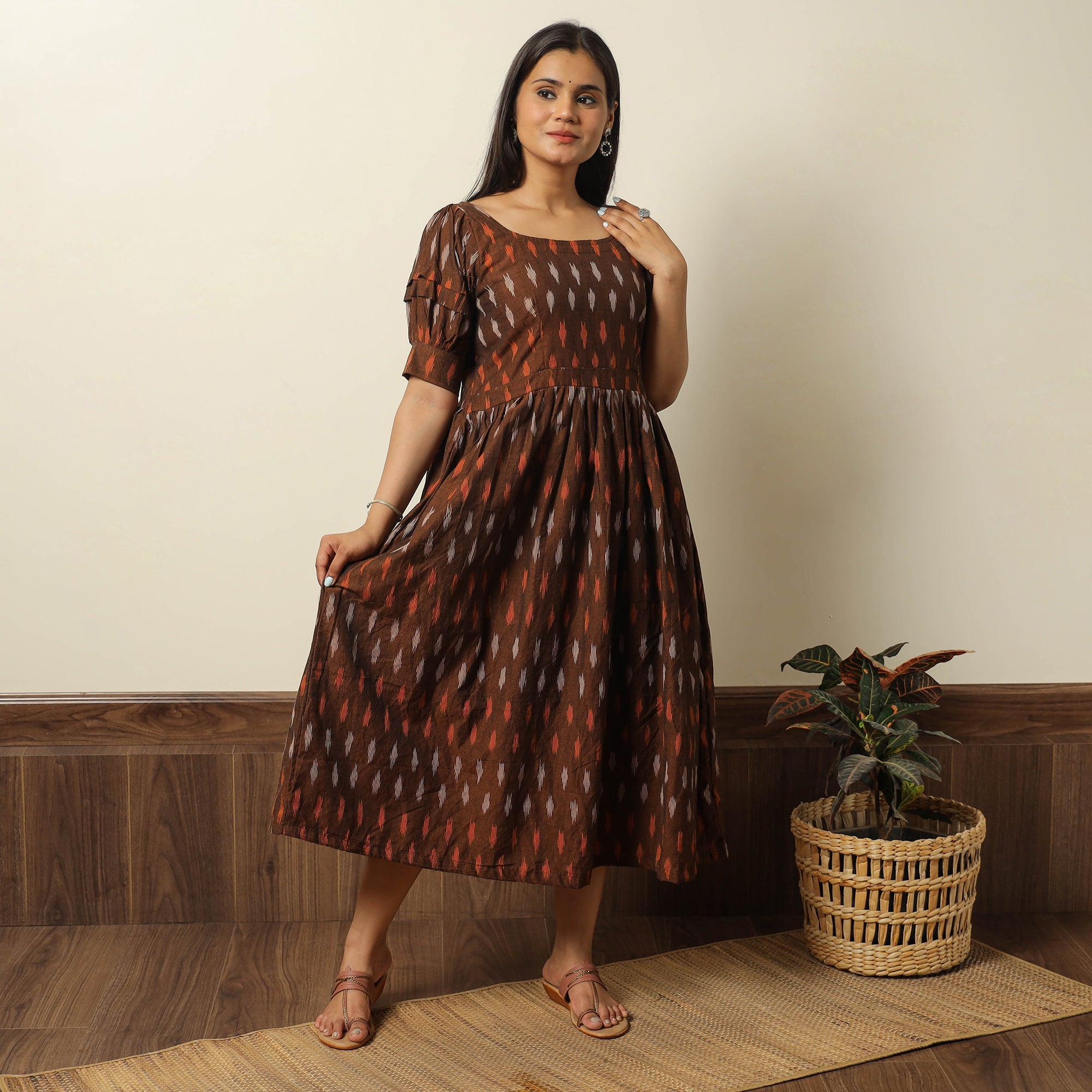 ITOKRI CASUALS Brown - Pochampally Ikat Weave Cotton Flared Dress 14
