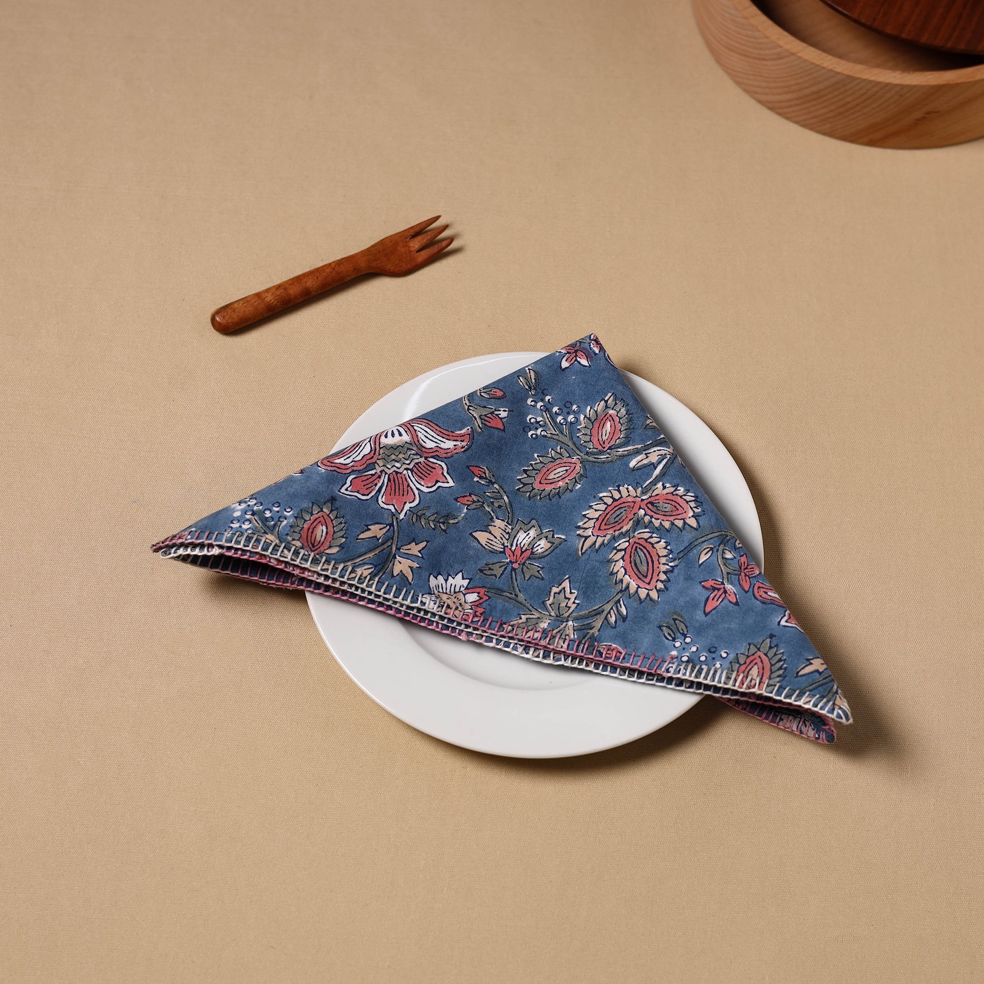 NOORI BAZAR Blue - Floral Sanganeri Block Print Cotton Table Napkin 04