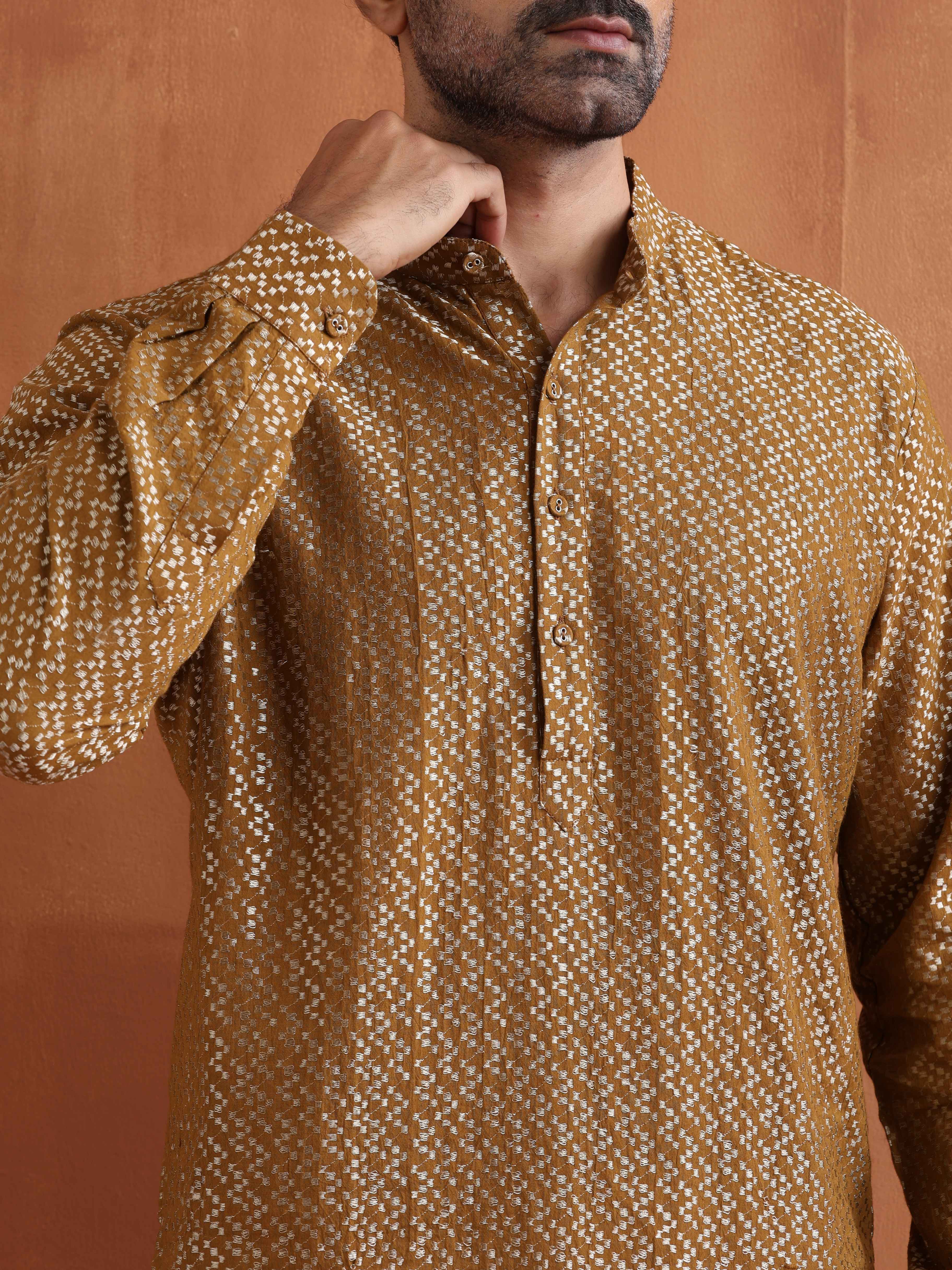 trueBrowns Men's Mustard Cotton Dobby Short Kurta - view 4