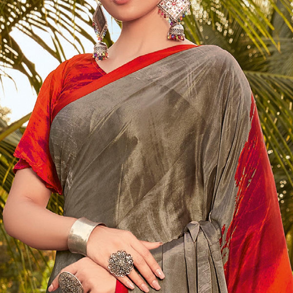 Peachmode Brown Casual Wear Printed Crepe Saree - view 2