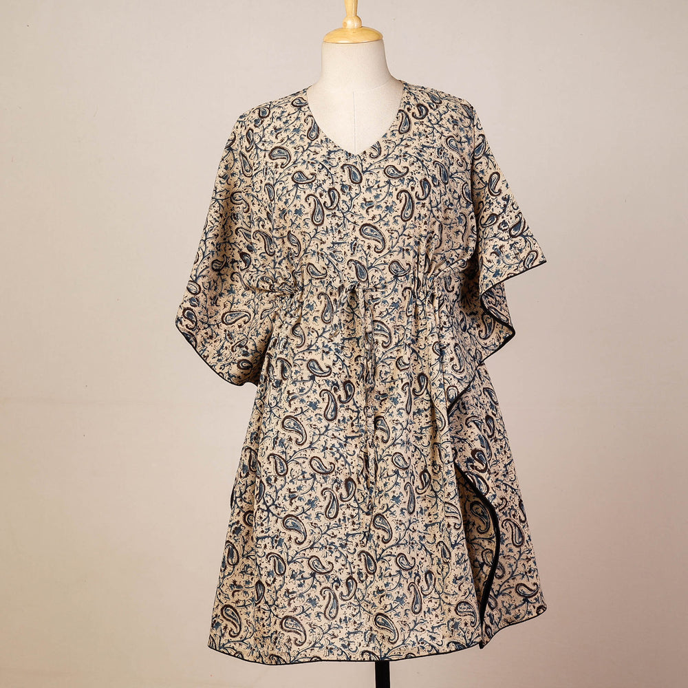 CHUTNEY CRAFT STUDIO Beige - Block Print Cotton Kalamkari Kaftan with Tie-Up Waist (Medium)