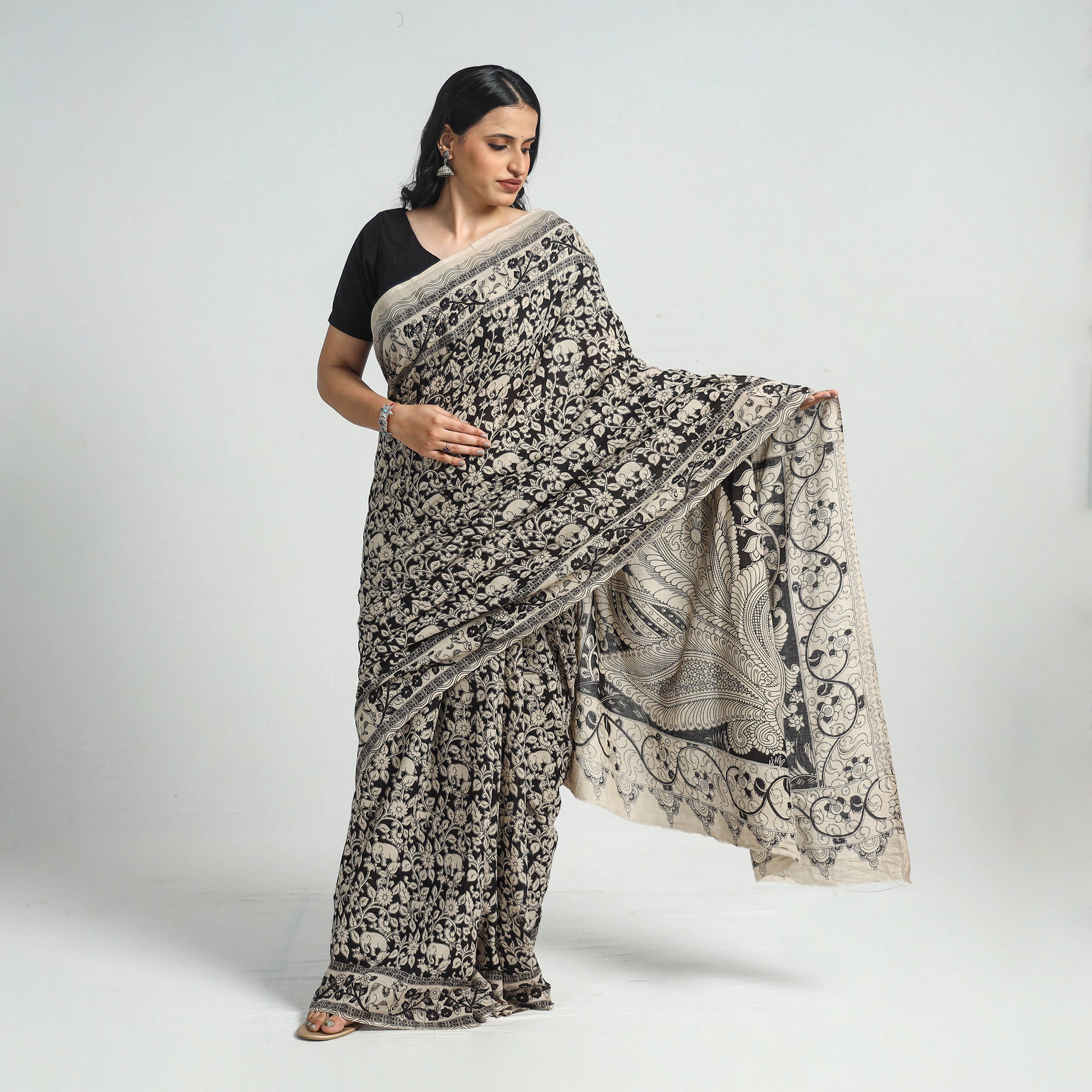SOUTH KARGHA Black - Printed Cotton Kalamkari Saree with Blouse Piece 02 - view 2