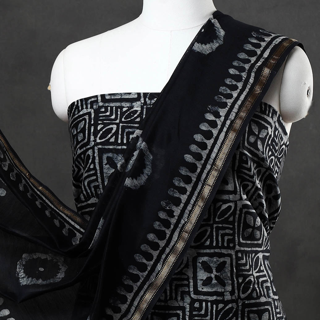 BATIK BY MD. SHARIFF Black - 3pc Hand Batik Printed Chanderi Silk Suit Material Set - view 3