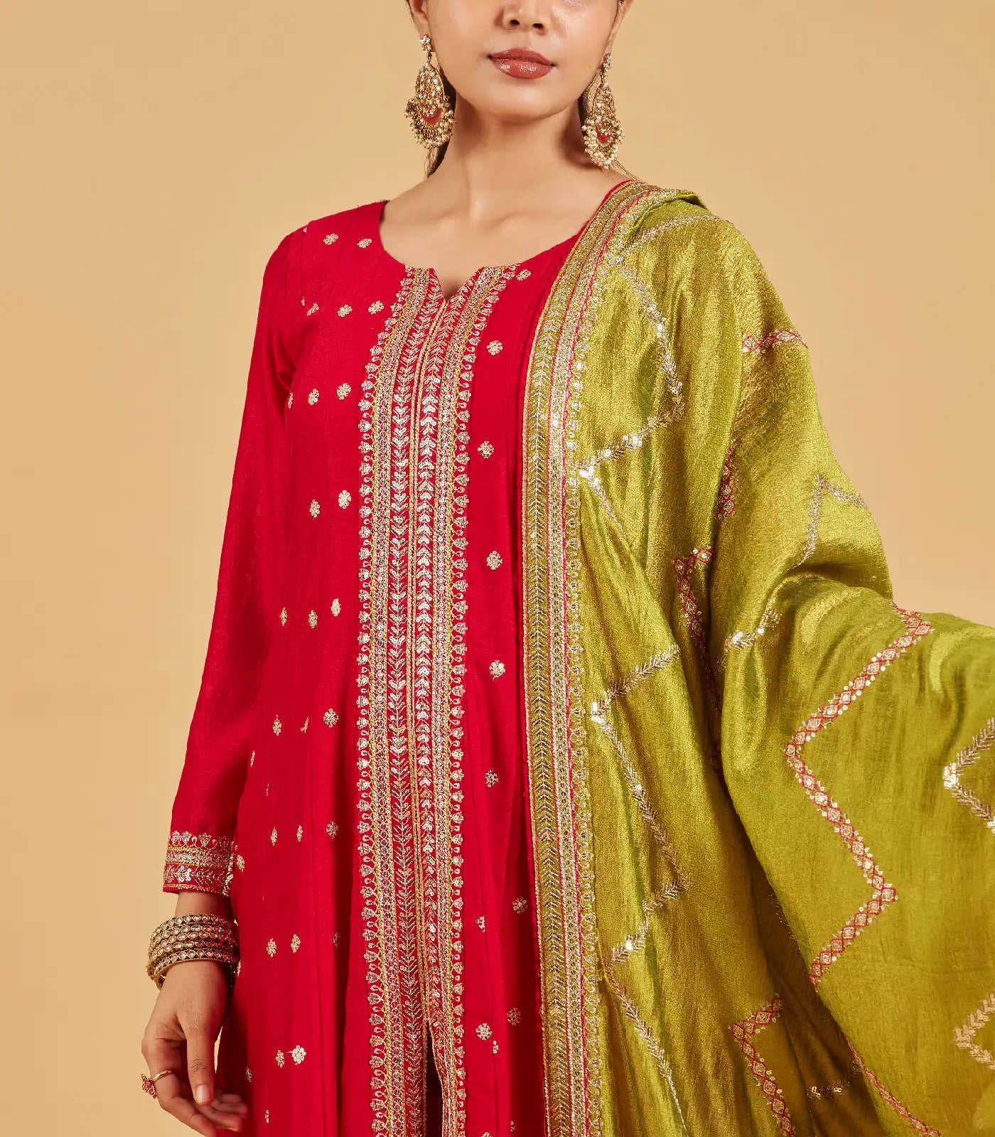 RmKV Bright Red Anarkali Set With Lime Green Dupatta