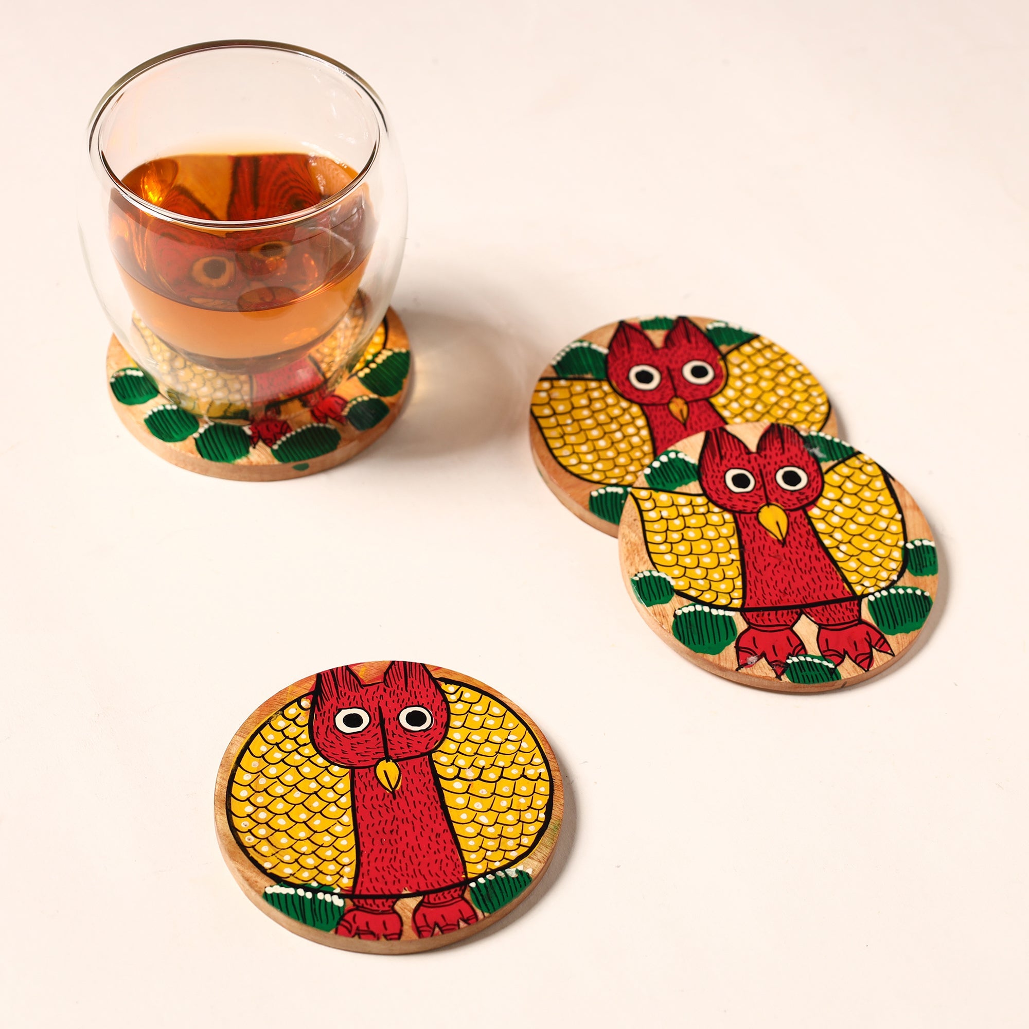 ITOKRI CRAFTS INITIATIVE Bengal Patua Handpainted Akashmoni Wooden Coasters (Set of 4) 23