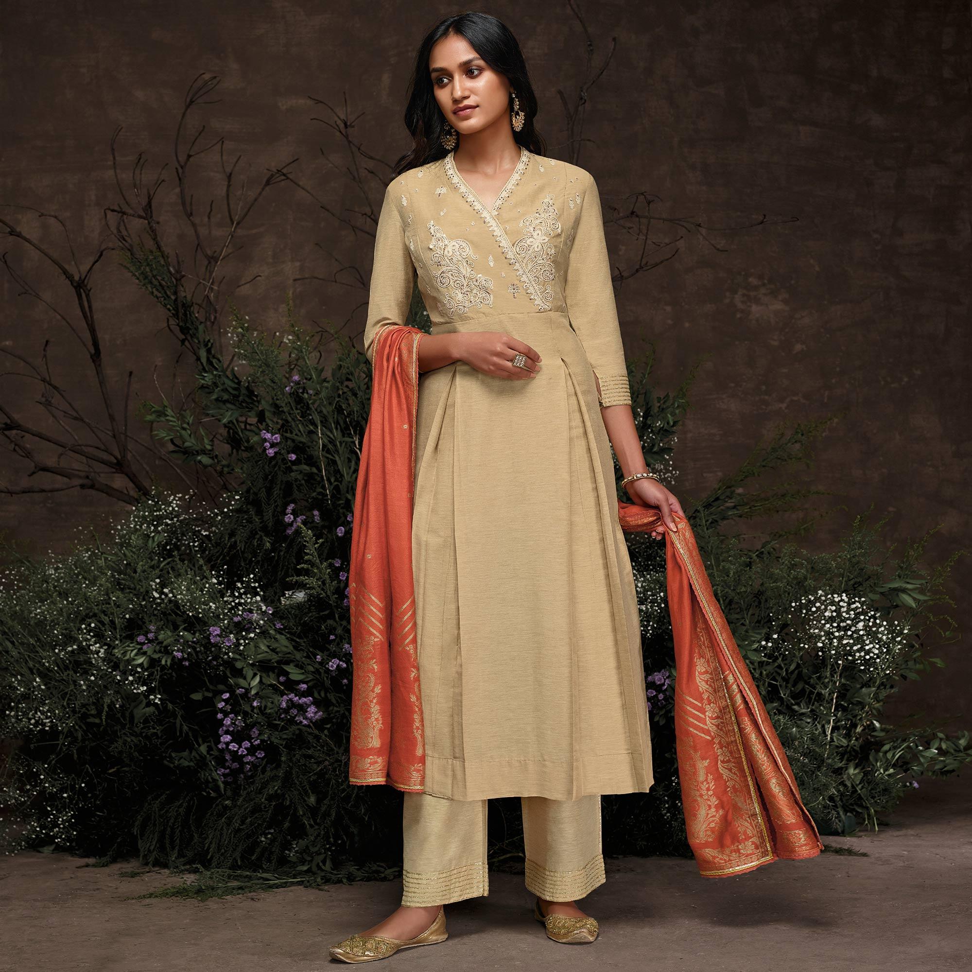 Peachmode Seller Marvellous Beige Colored Partywear Embroidered Silk Kurti-Palazzo Set With Banarasi Dupatta
