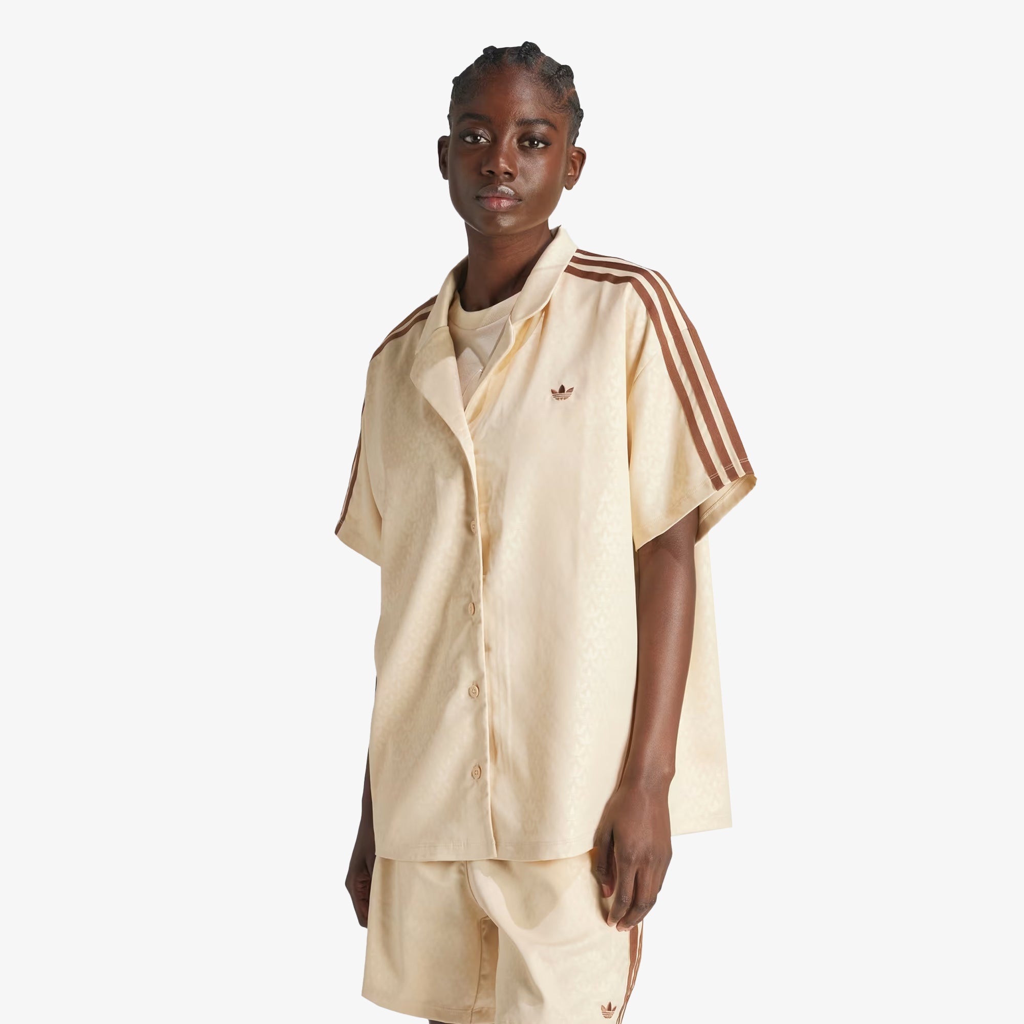Adidas Originals | FASHION MONOGRAM SATIN BOWLING SHIRT { CRYSTAL SAND