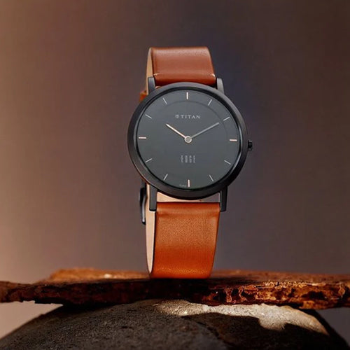 Titan Edge Quartz Analog Black Dial Leather Strap Watch for Men 37.3mm NT1595NL03 - view 5
