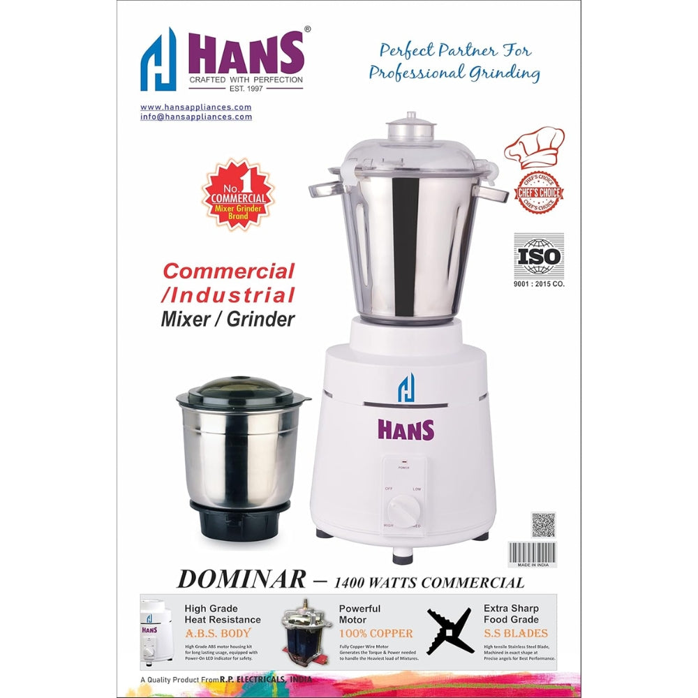 HANS Dominar 1400 Watts 2 HP Commercial Mixer Grinder, 100% Copper Motor, 2.5 litre And 1 Litre Stainless Steel Jars, Heavy Duty | White - view 7