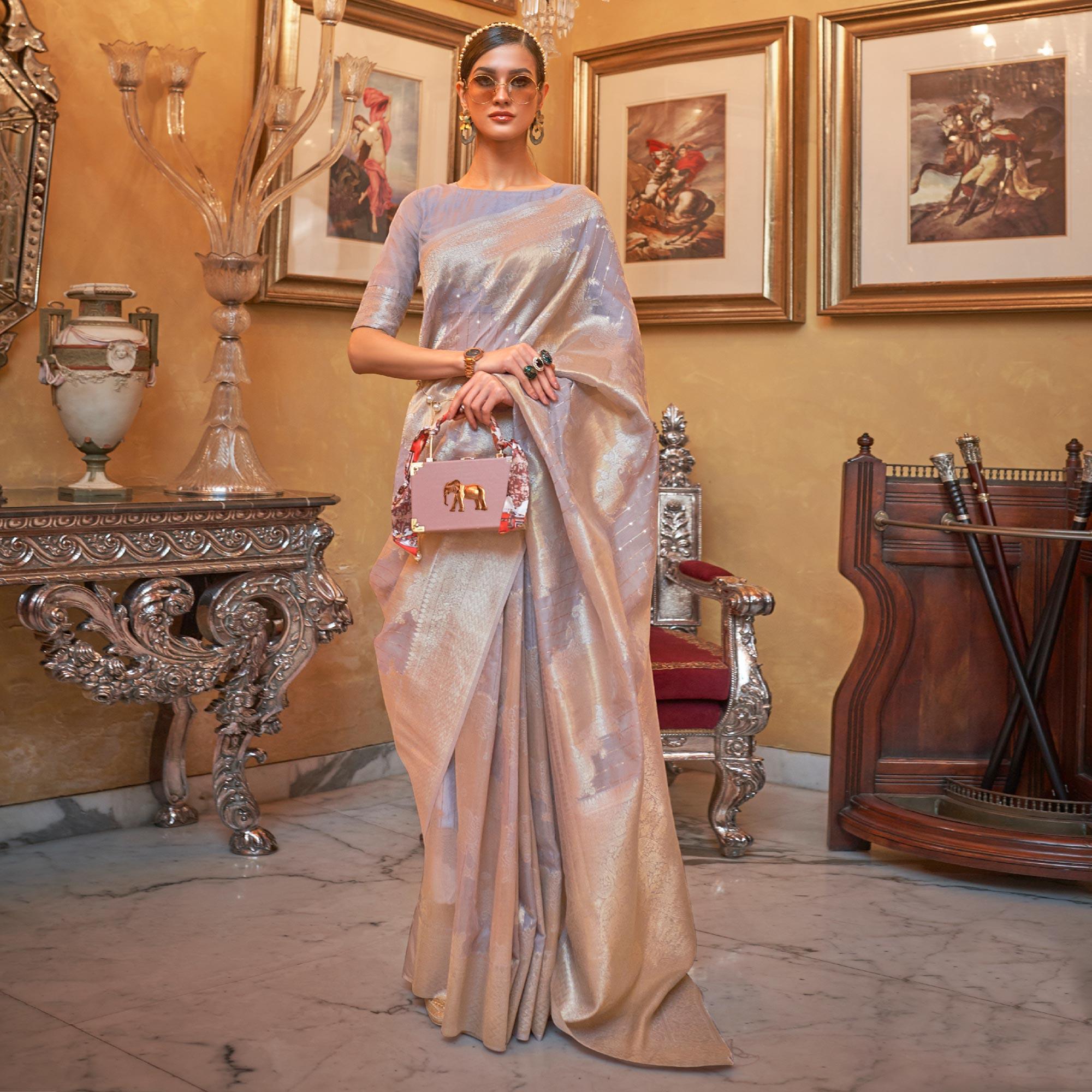 Peachmode Grey Partywear Wear Woven Chanderi Saree