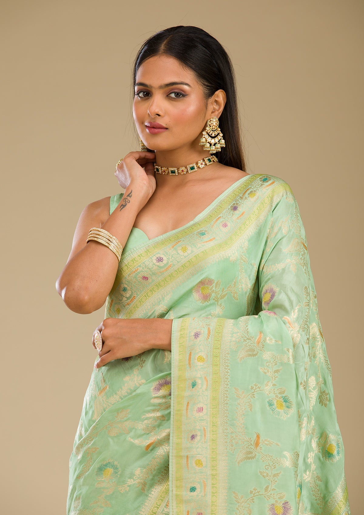 Koskii Pista Green Zariwork Banarasi Silk Saree - view 9