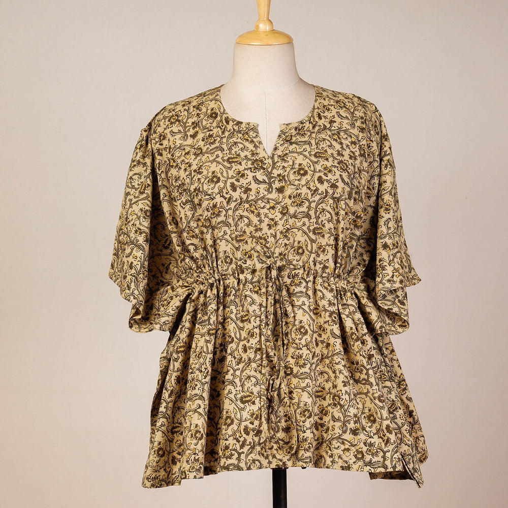 CHUTNEY CRAFT STUDIO Beige - Block Print Cotton Kalamkari Kaftan with Tie-Up Waist (Short)
