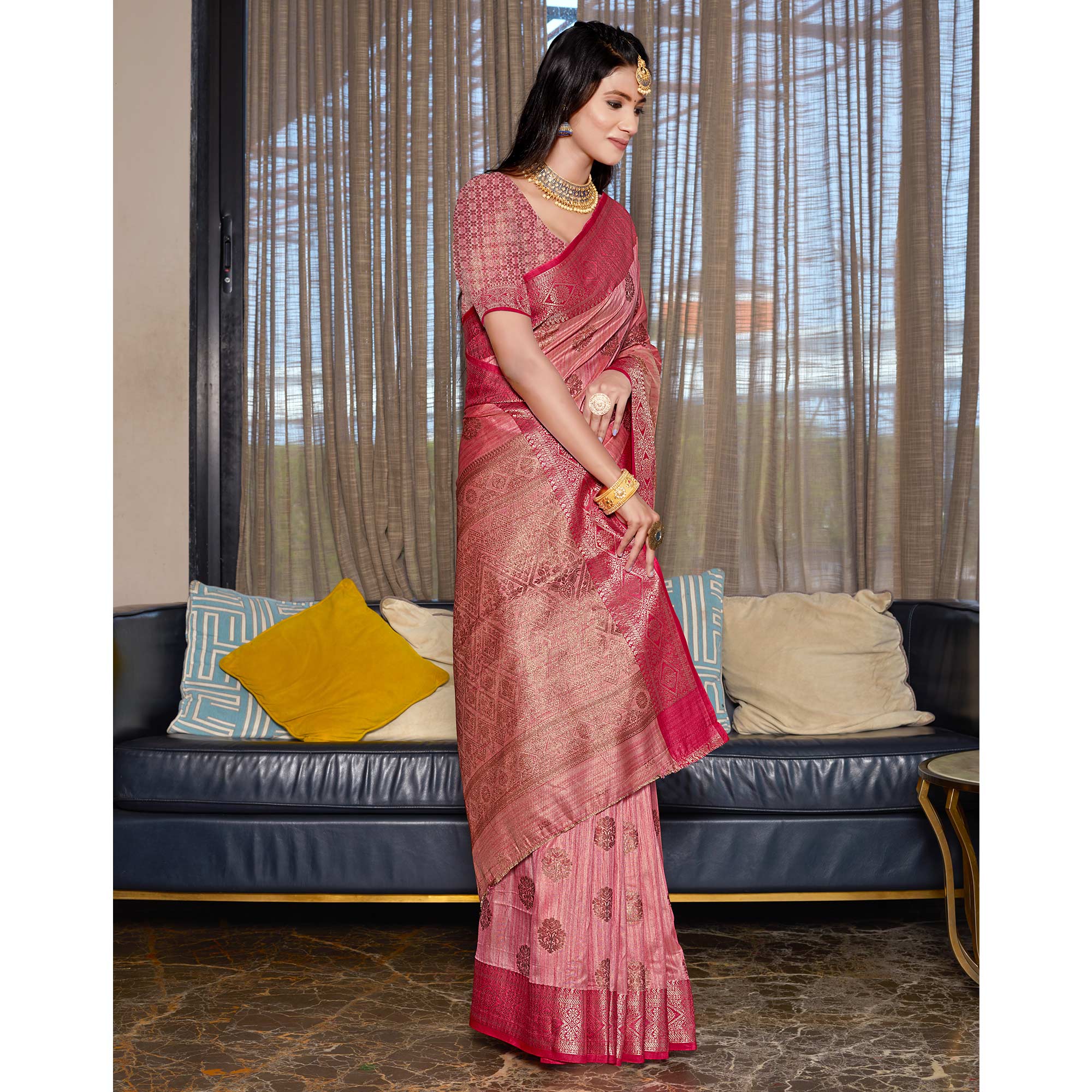 Peachmode Gajari Pink Floral Woven Cotton Blend Saree - view 6