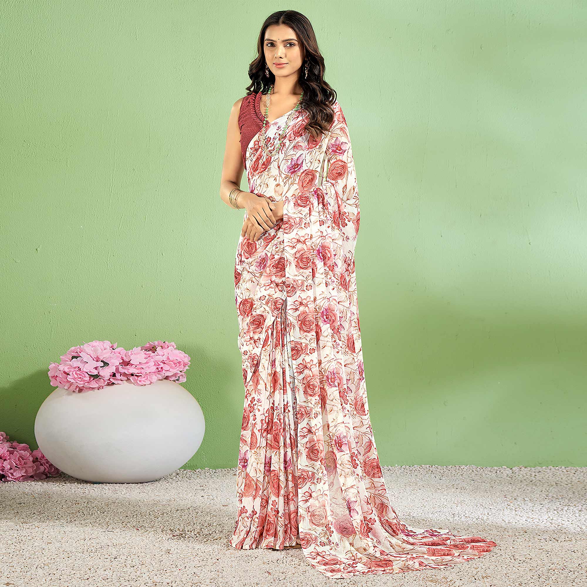 Peachmode Brick Red Floral Printed Chiffon Saree
