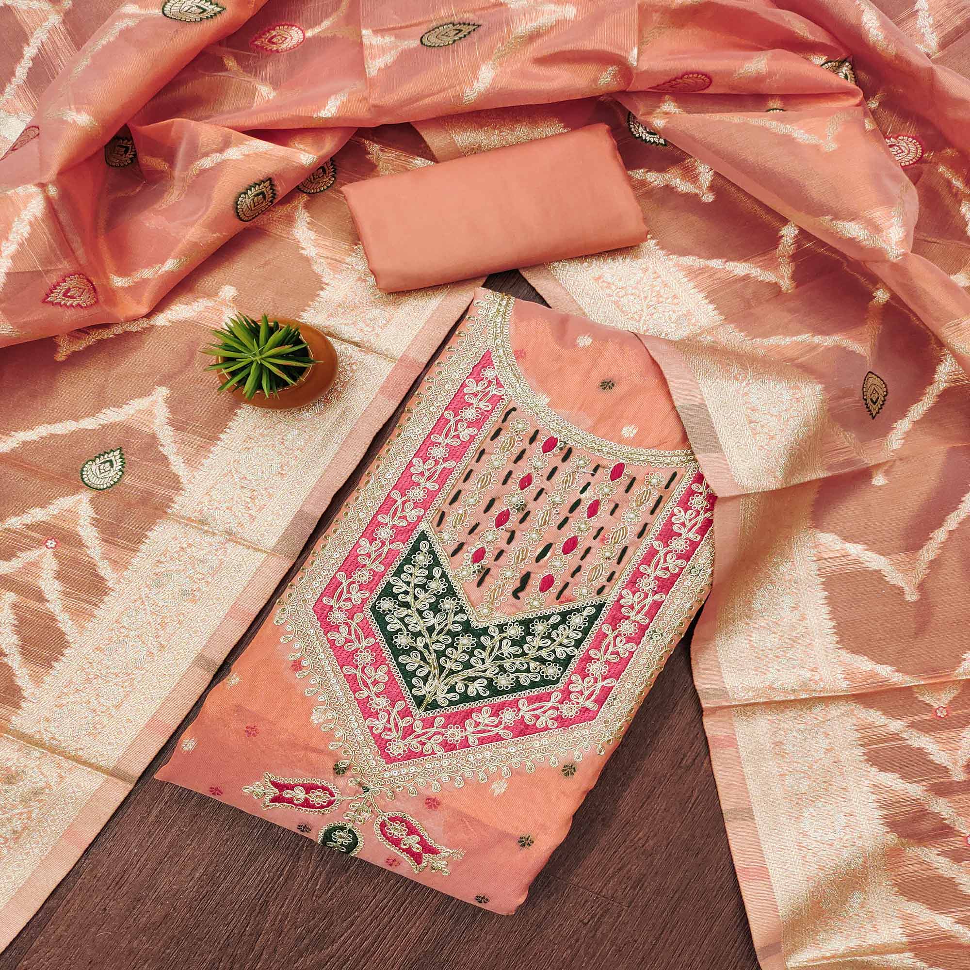 Peachmode Peach Sequins Embroidered With Woven Chanderi Silk Dress Material