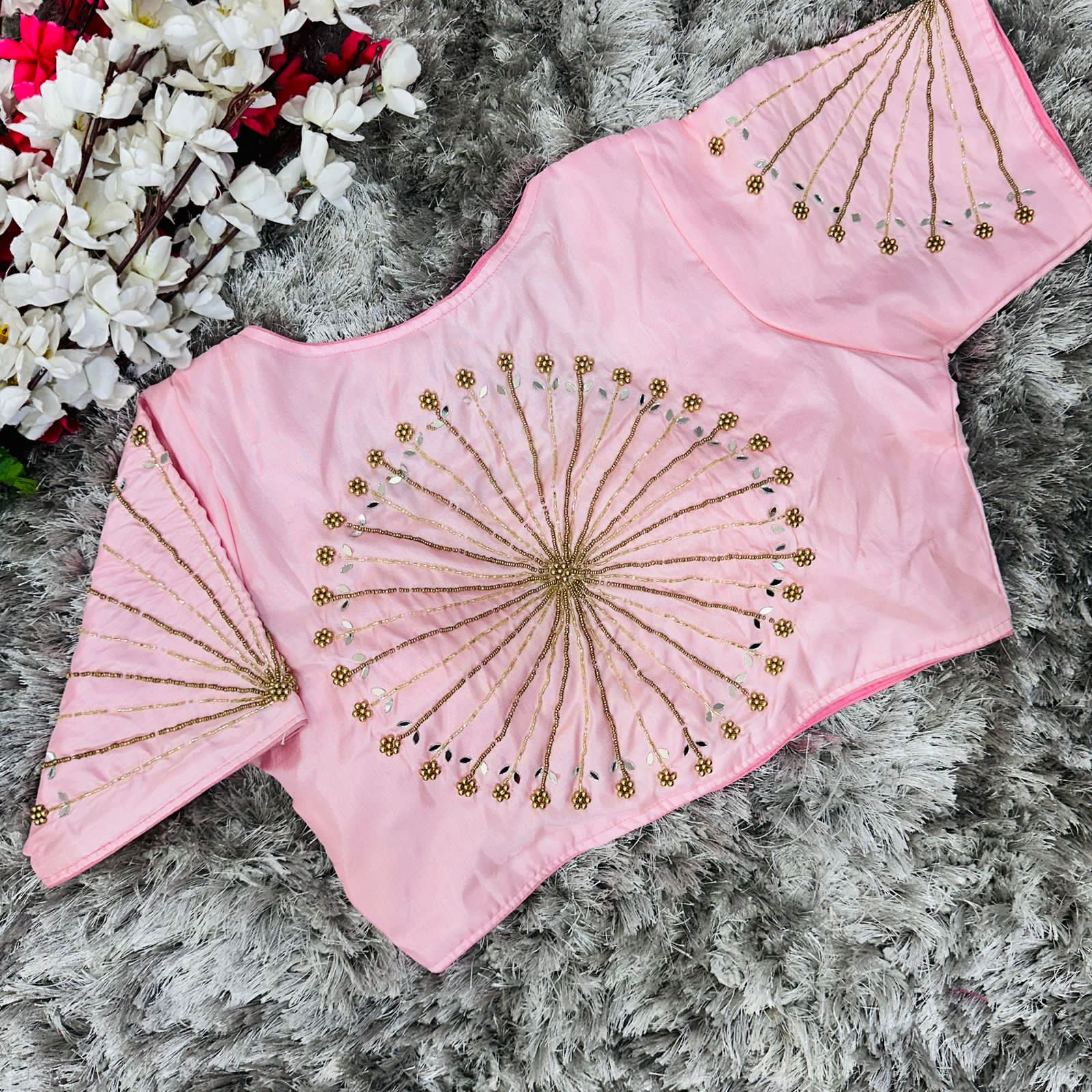 ClothsVilla Baby Pink Handcrafted tumtum silk Golden Blouse with Ambla Mirror Accents - view 2