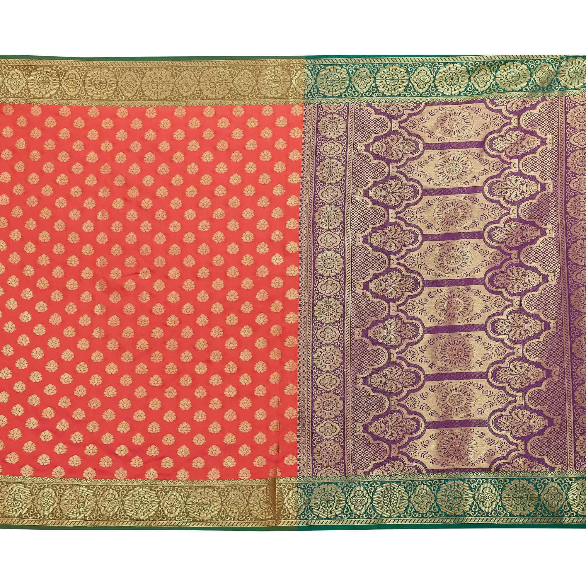 Peachmode Desirable Coral Red Colored Festive Wear Woven Art Silk Saree - view 2