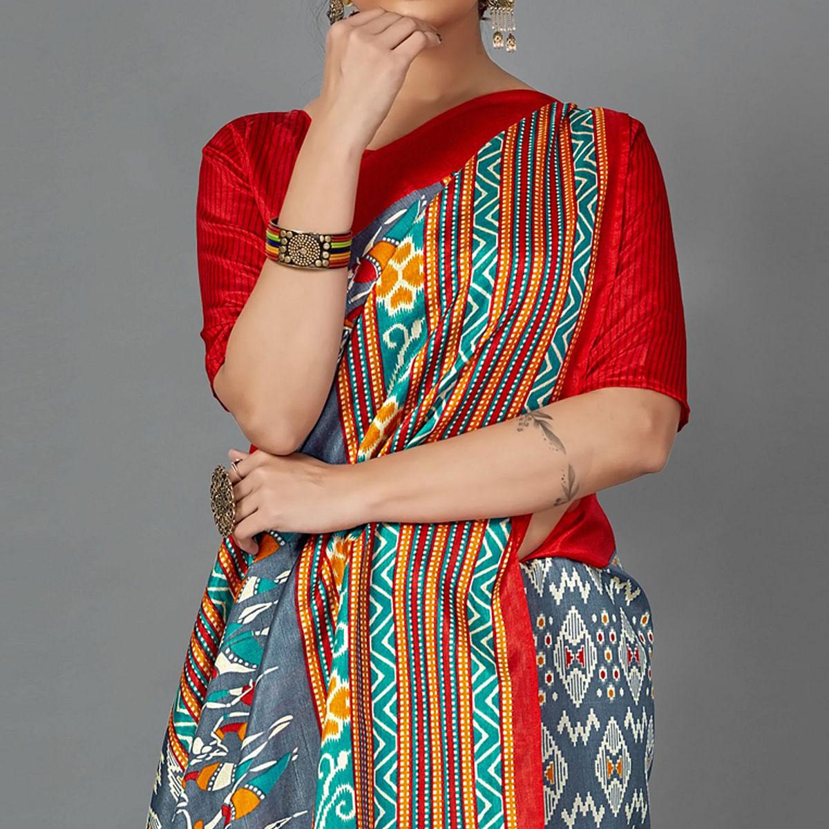 Peachmode Multi Casual Art Silk Printed Saree With Unstitched Blouse - view 2