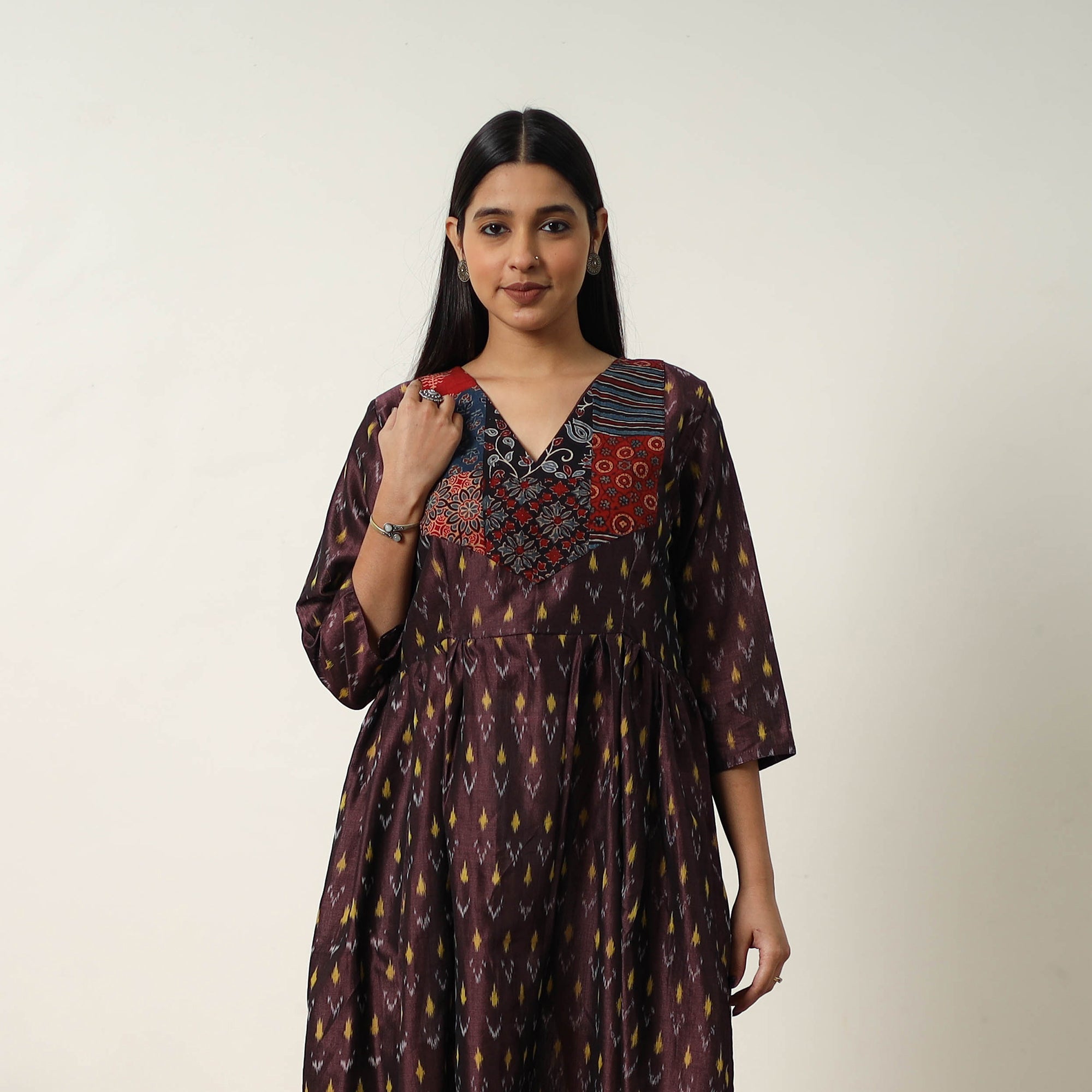ITOKRI CASUALS Brown - Mercerized Cotton Flared Pochampally Ikat Dress 03