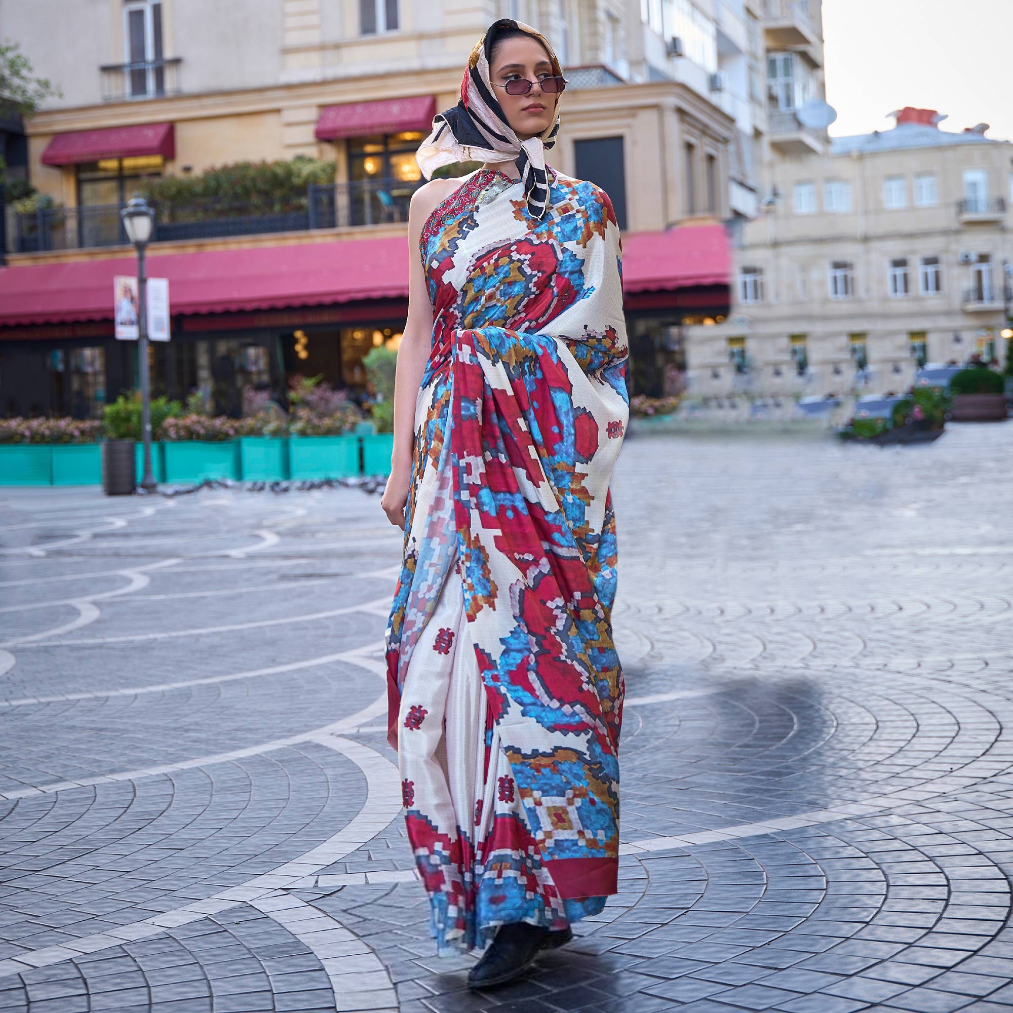 Peachmode Cream Digital Printed Crepe Saree – Women's - view 2