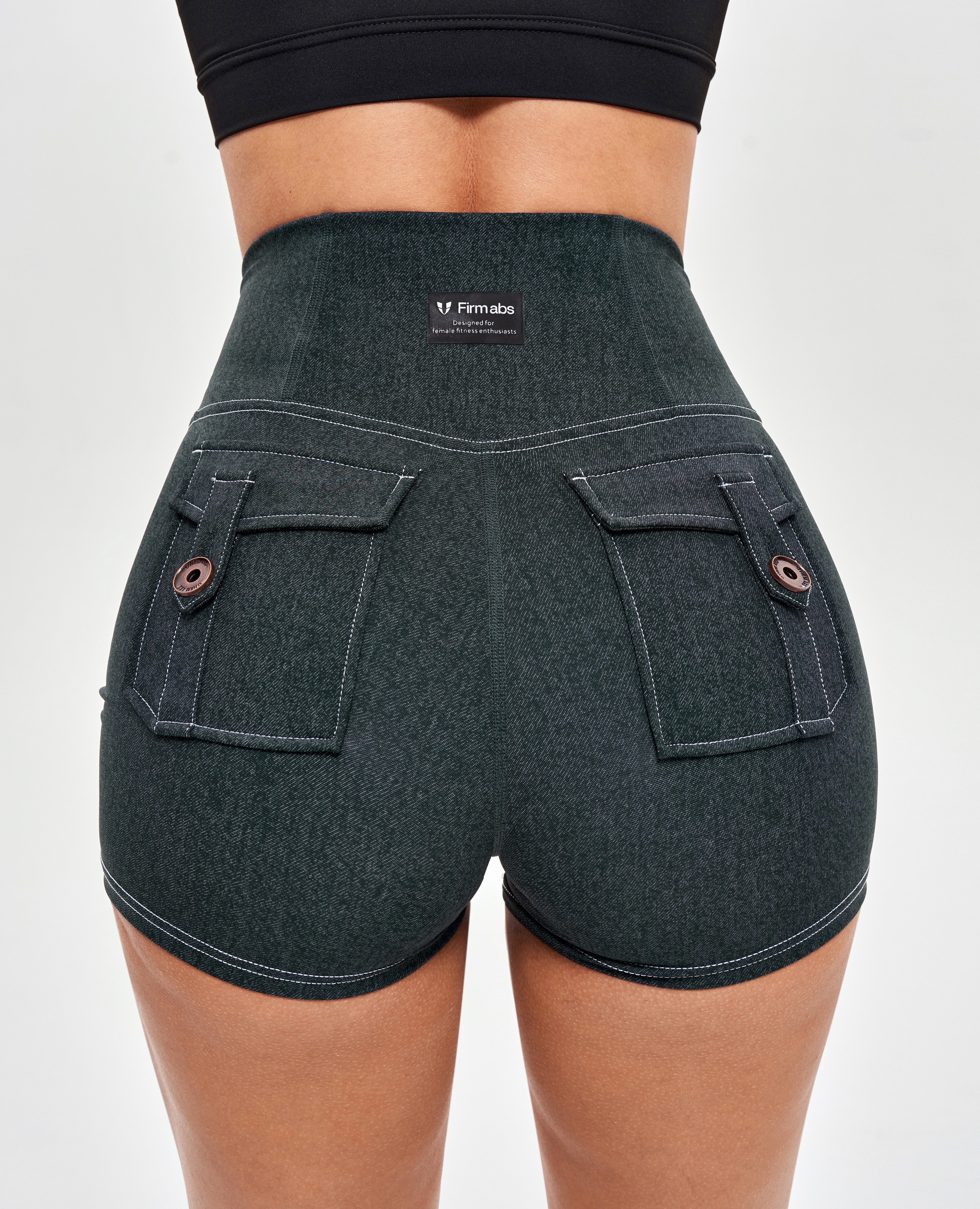 FIRM ABS High Waist Cargo Shorts - Denim Green - view 6