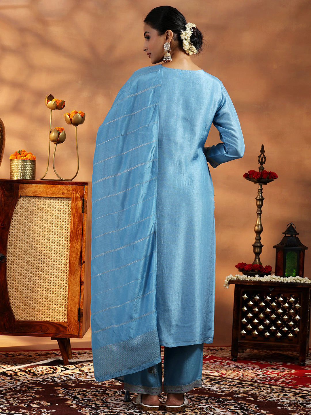 Libas Blue Woven Design Silk Blend Straight Suit With Dupatta - view 3