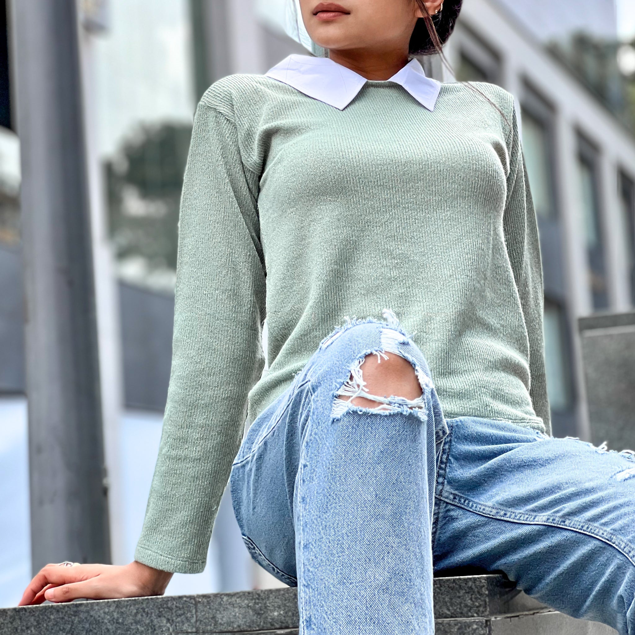 Normcore Long Sleeve Contrast Collar Top – Mint - view 2