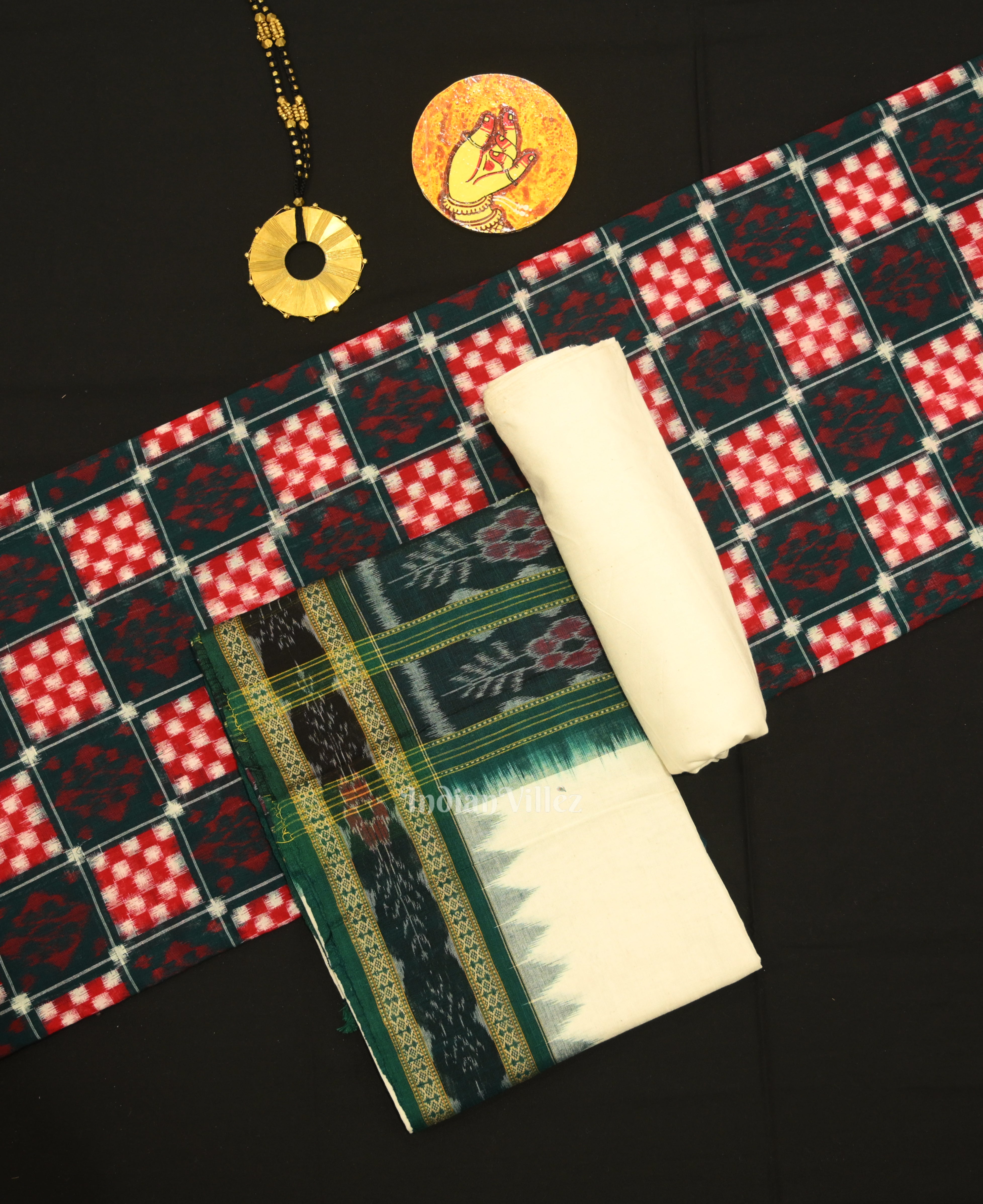 IndianVillèz Green White Pasapali Odisha Ikat Sambalpuri Dress Set & Dupatta