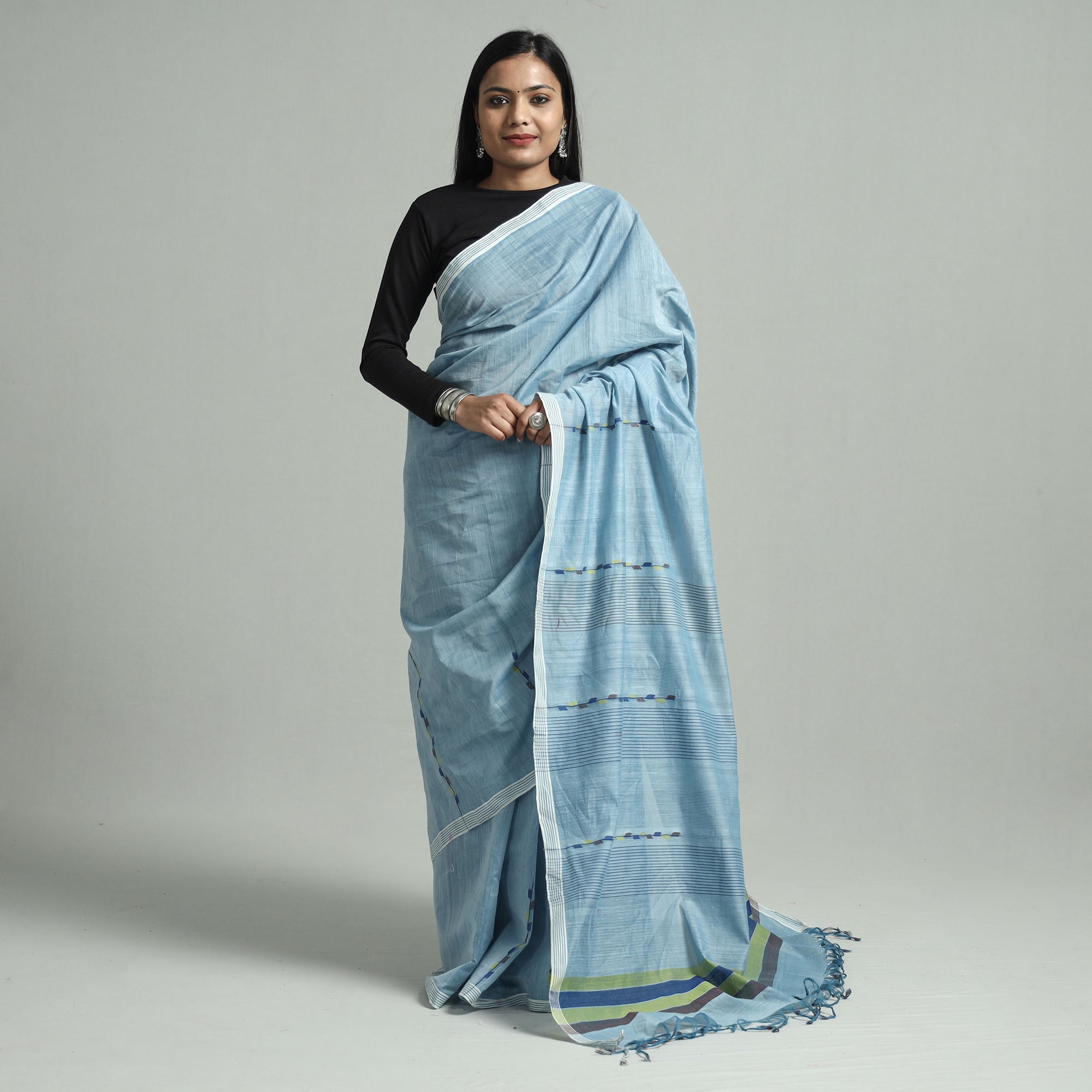 CREYO Blue - Godavari Vine Jamdani Cotton Handspun Handloom Saree